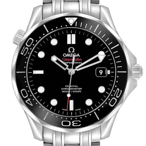 The Omega Seamaster 212.30.41.20.01.003 Men's Stainless Steel Black Dial watch is shown from the front, displaying the dial, bezel, and stainless steel bracelet.