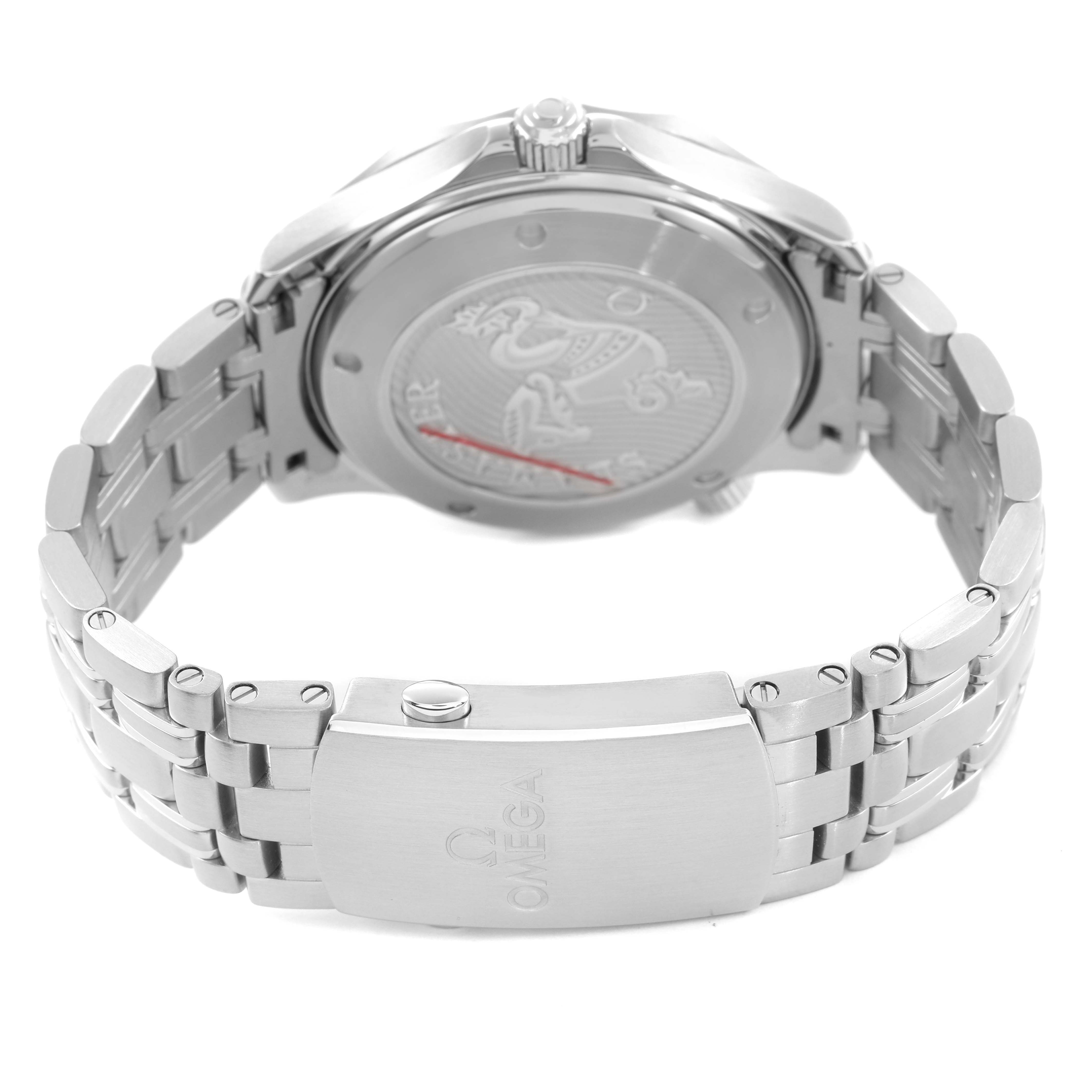 The image shows the back and bracelet of an Omega Seamaster 212.30.41.20.01.003 Men's Stainless Steel Black Dial watch, featuring its engraved case back and clasp.