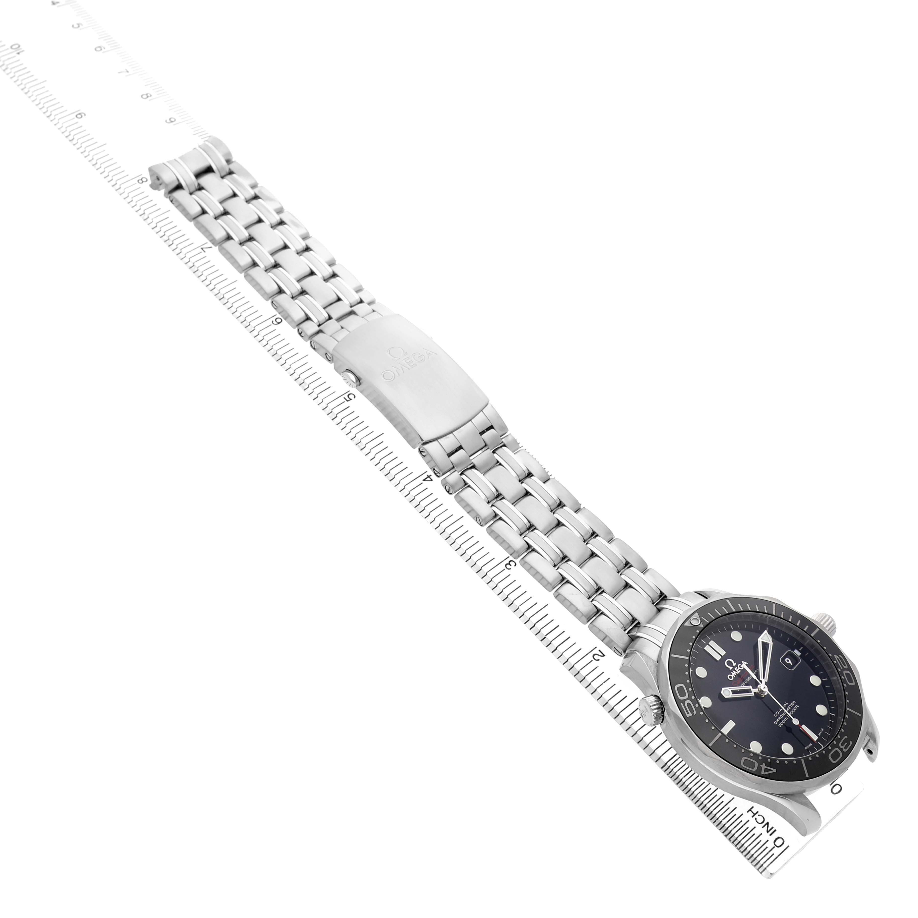 The Omega Seamaster 212.30.41.20.01.003 Men's Stainless Steel Black Dial watch is shown from an overhead angle, displaying its stainless steel bracelet and clasp alongside the face.