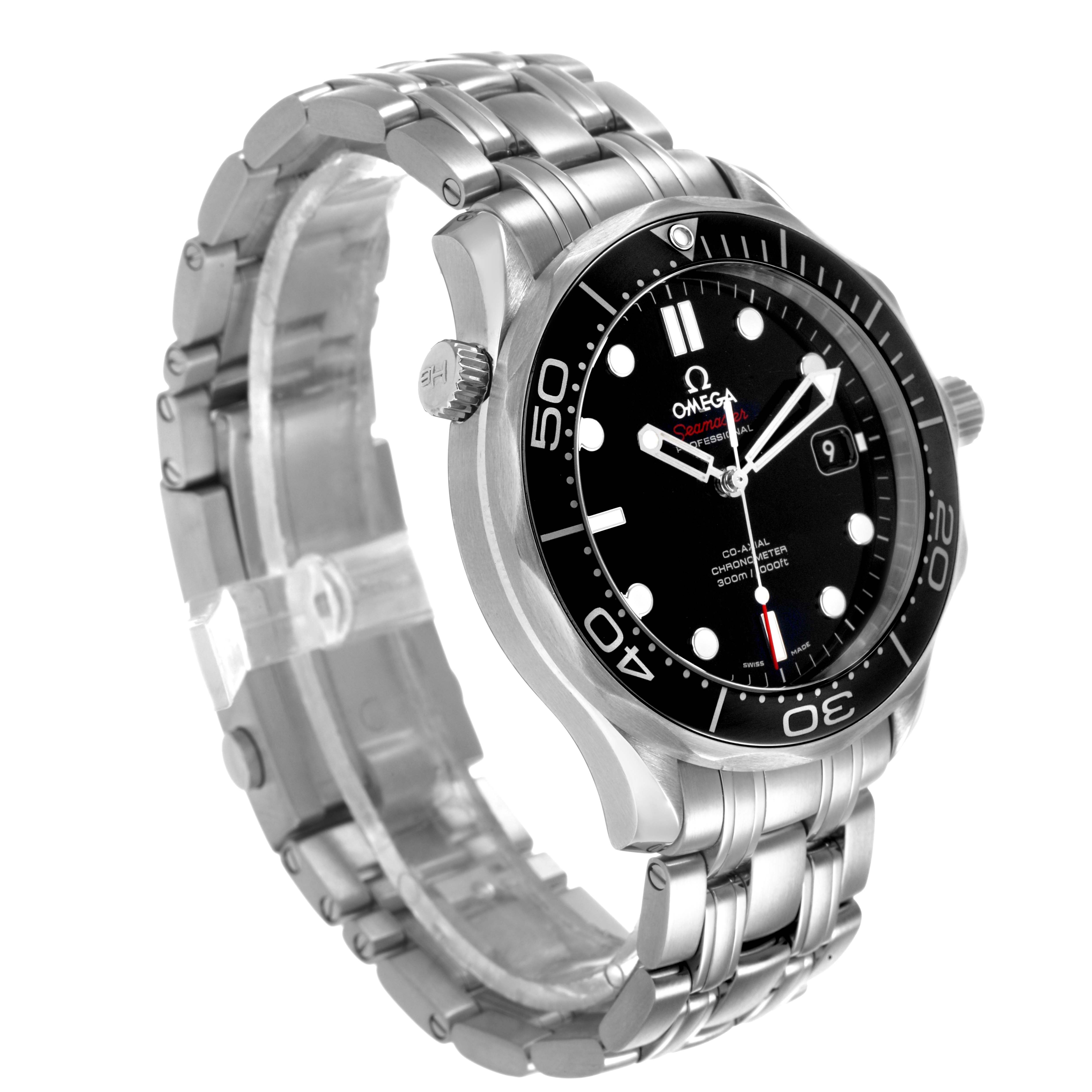The Omega Seamaster 212.30.41.20.01.003 Men's Stainless Steel Black Dial watch is shown at a three-quarter angle, highlighting the dial, bezel, bracelet, and crown.