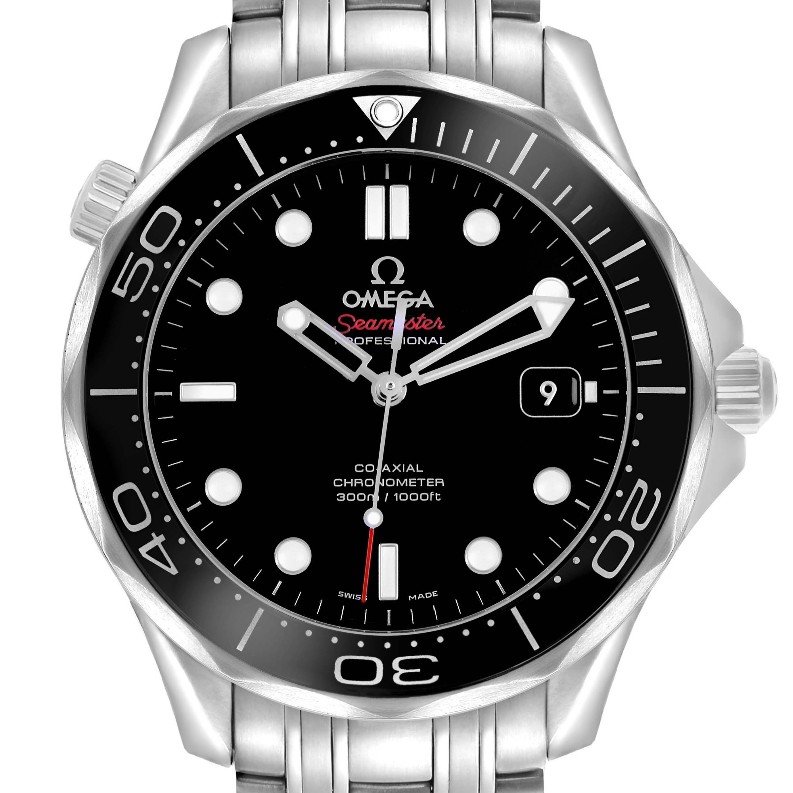 The image shows a front view of the Omega Seamaster 212.30.41.20.01.003 Men's Stainless Steel Black Dial, displaying its face, bezel, and part of the bracelet.