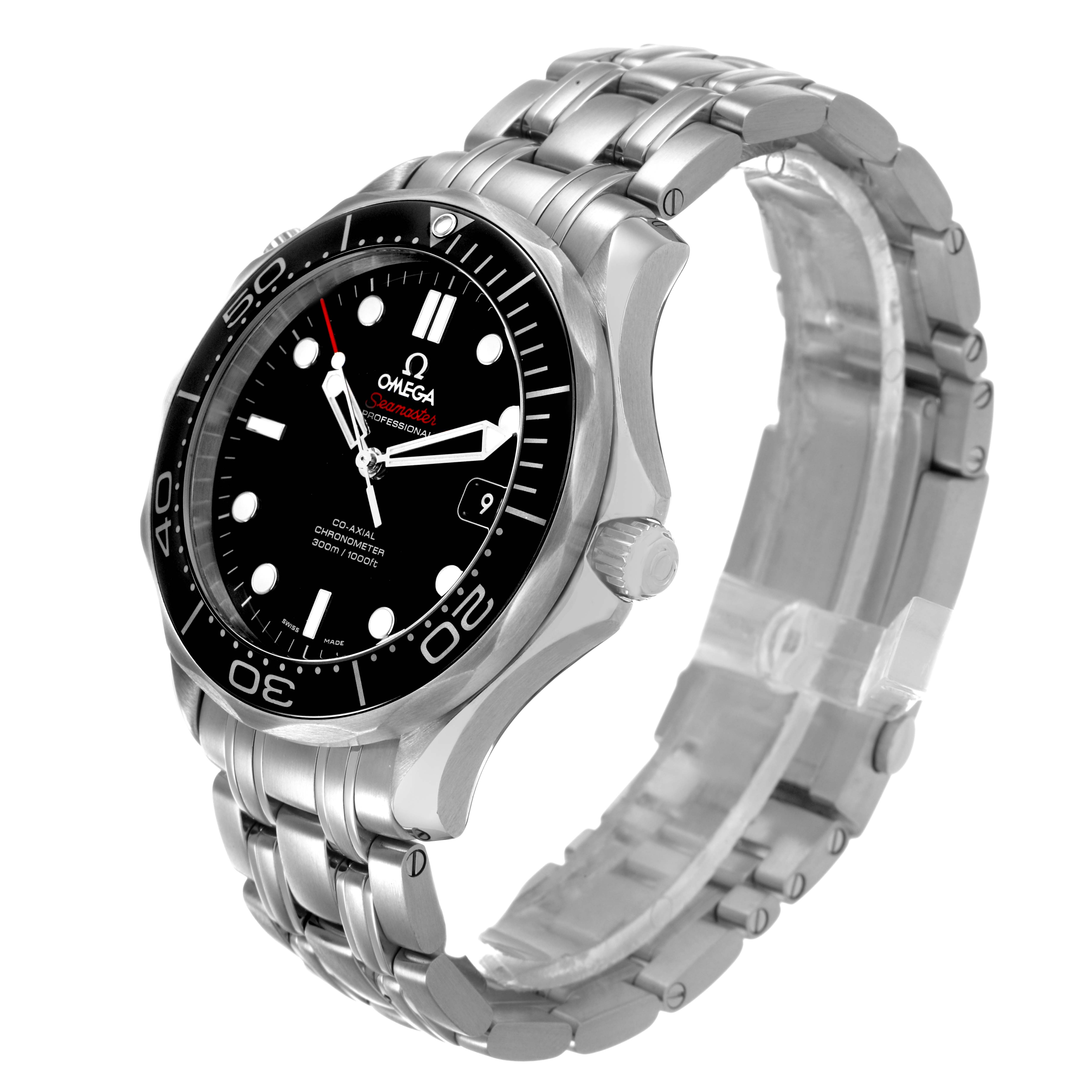 The Omega Seamaster 212.30.41.20.01.003 Men's Stainless Steel Black Dial watch is shown at a three-quarter angle, displaying the face, bezel, bracelet, and side crown.