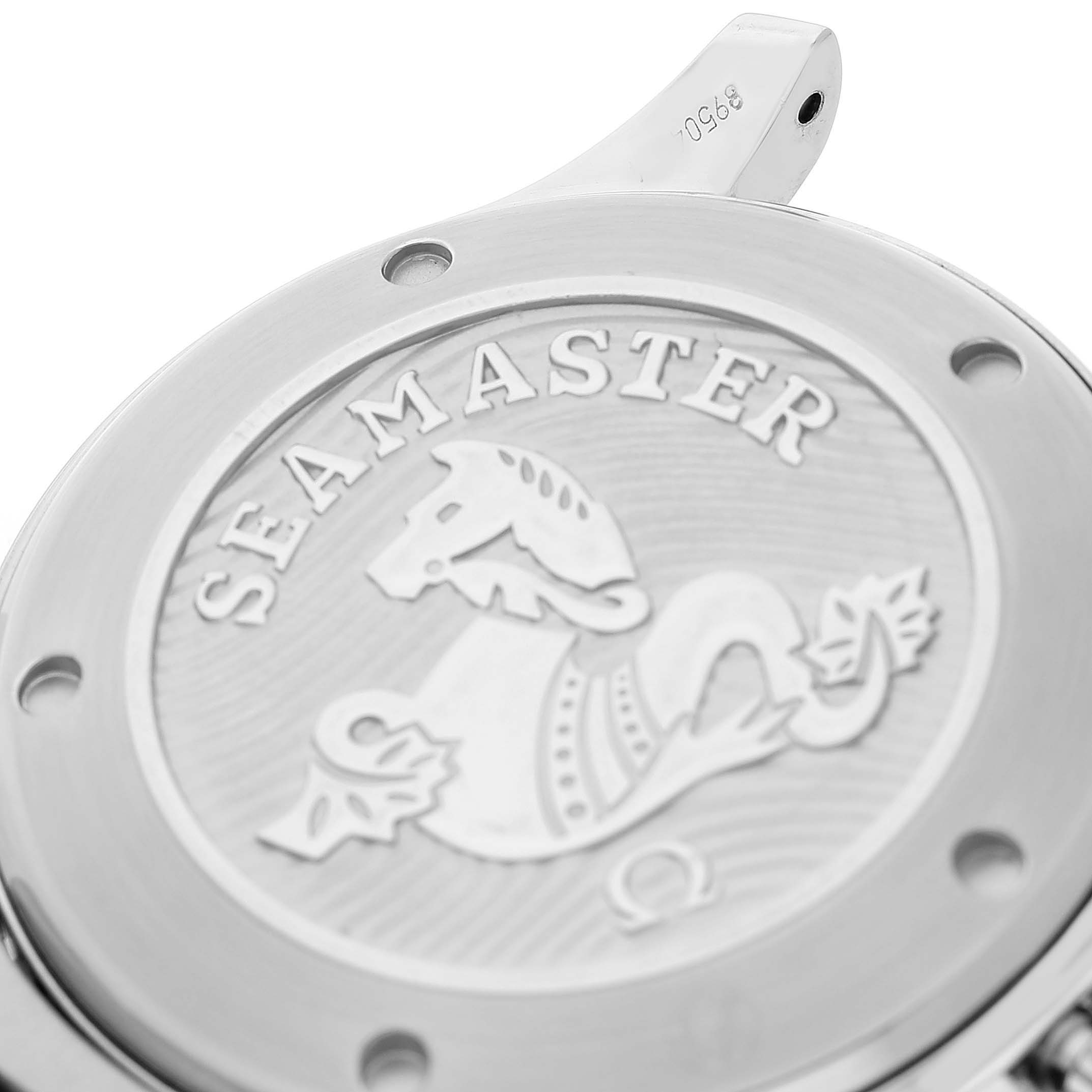 The image shows a close-up of the Omega Seamaster 212.30.41.20.01.003 Men's Stainless Steel Black Dial case back, featuring the embossed logo and detailing.