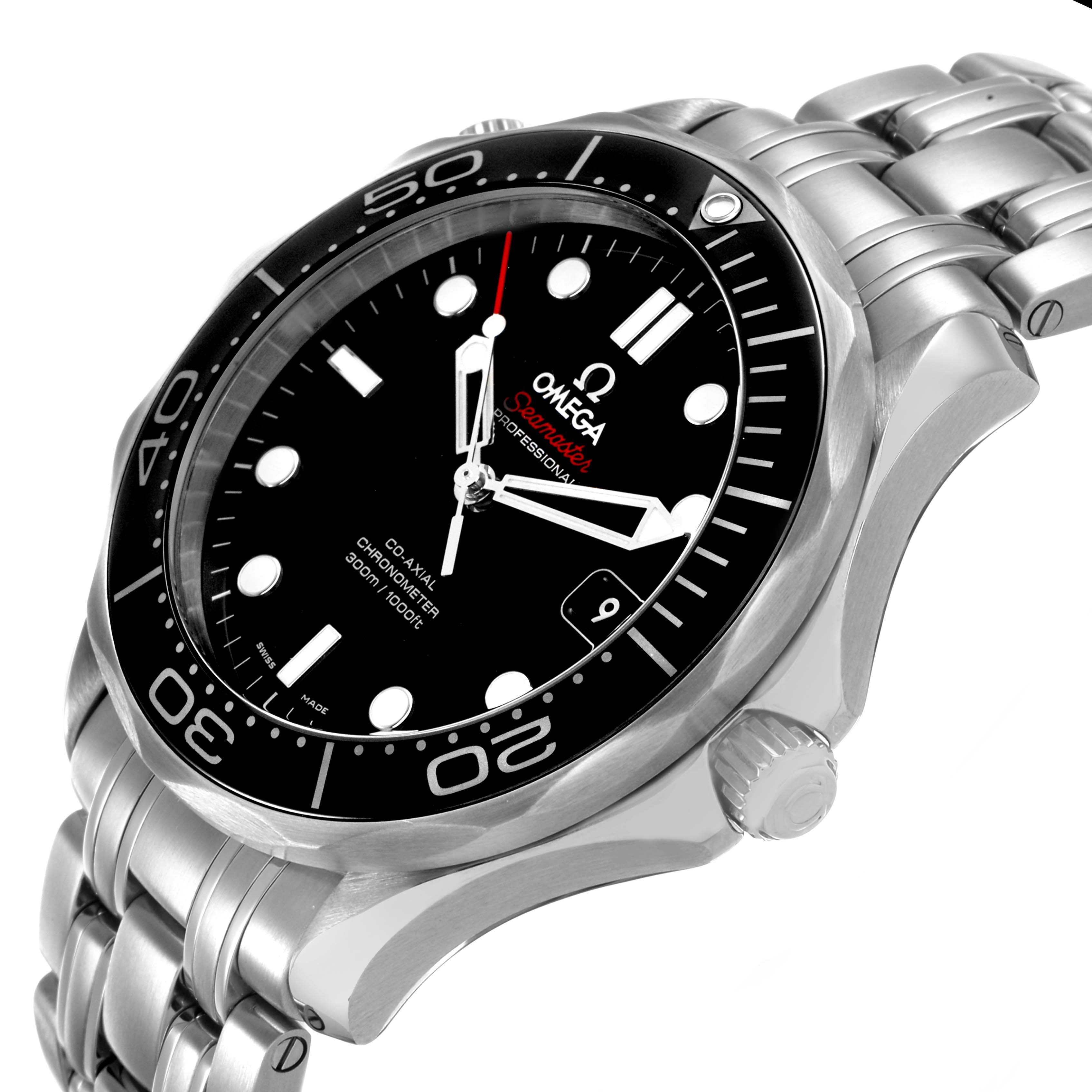 The image shows the Omega Seamaster 212.30.41.20.01.003 Men's Stainless Steel Black Dial watch from a three-quarter angle, highlighting the face, bezel, crown, and part of the bracelet.
