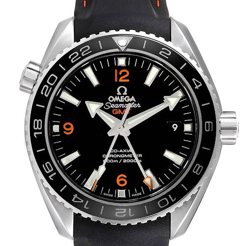 The image shows a frontal view of the Omega Seamaster Planet Ocean watch, highlighting the dial, bezel, and crown.