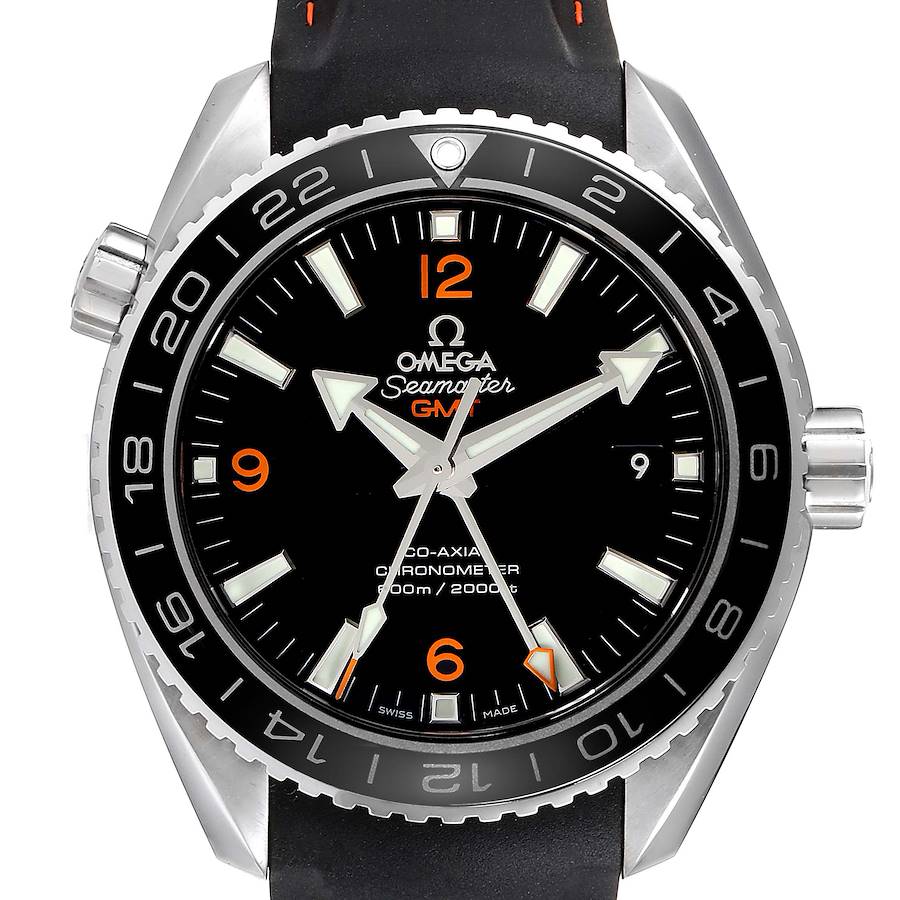 The image shows a front view of the Omega Planet Ocean model, highlighting its face, bezel, crown, and strap.