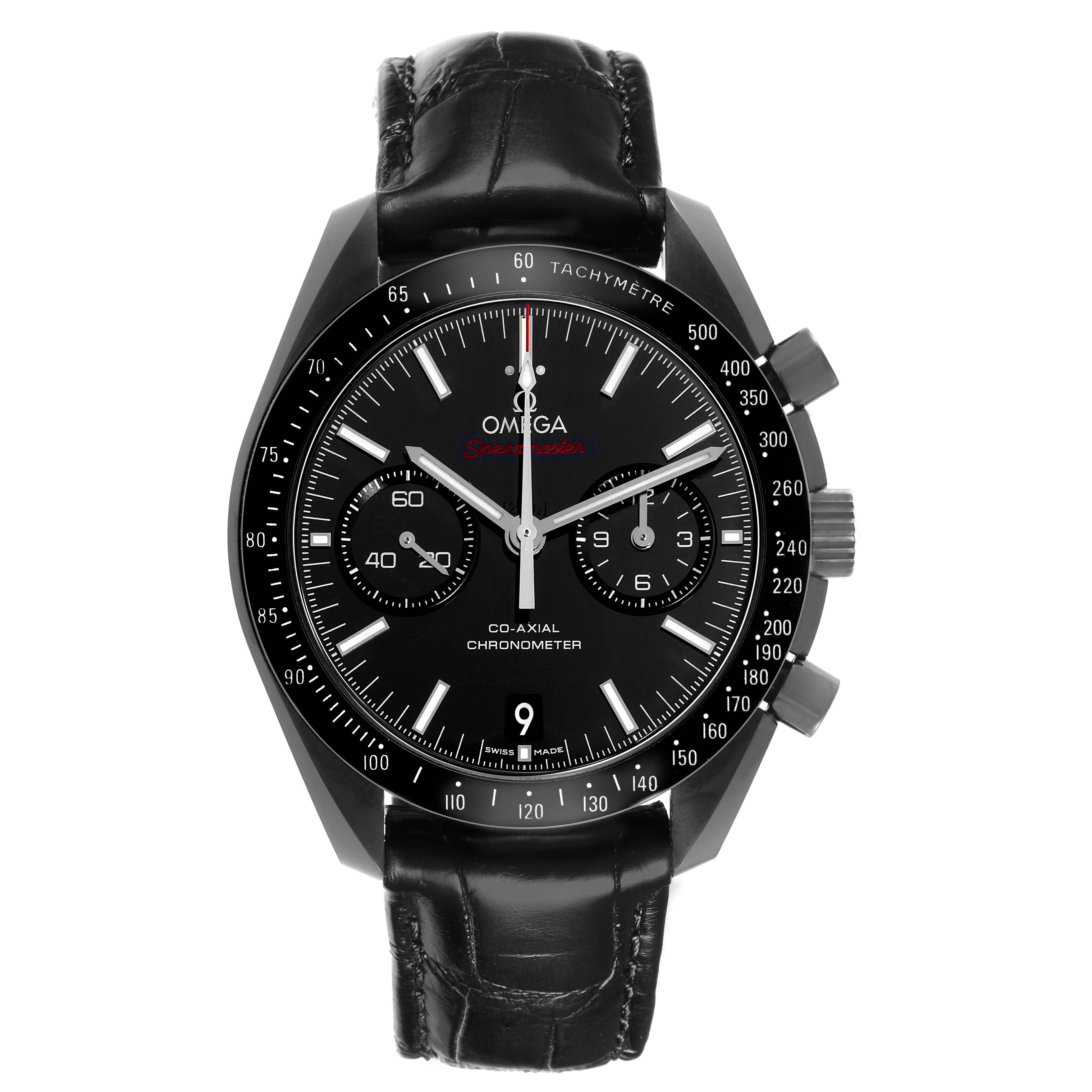 The Omega Speedmaster 311.92.44.51.01.003 Men's Ceramic Black Dial watch is shown from a top-down angle, highlighting the black dial, tachymeter bezel, subdials, and leather strap.