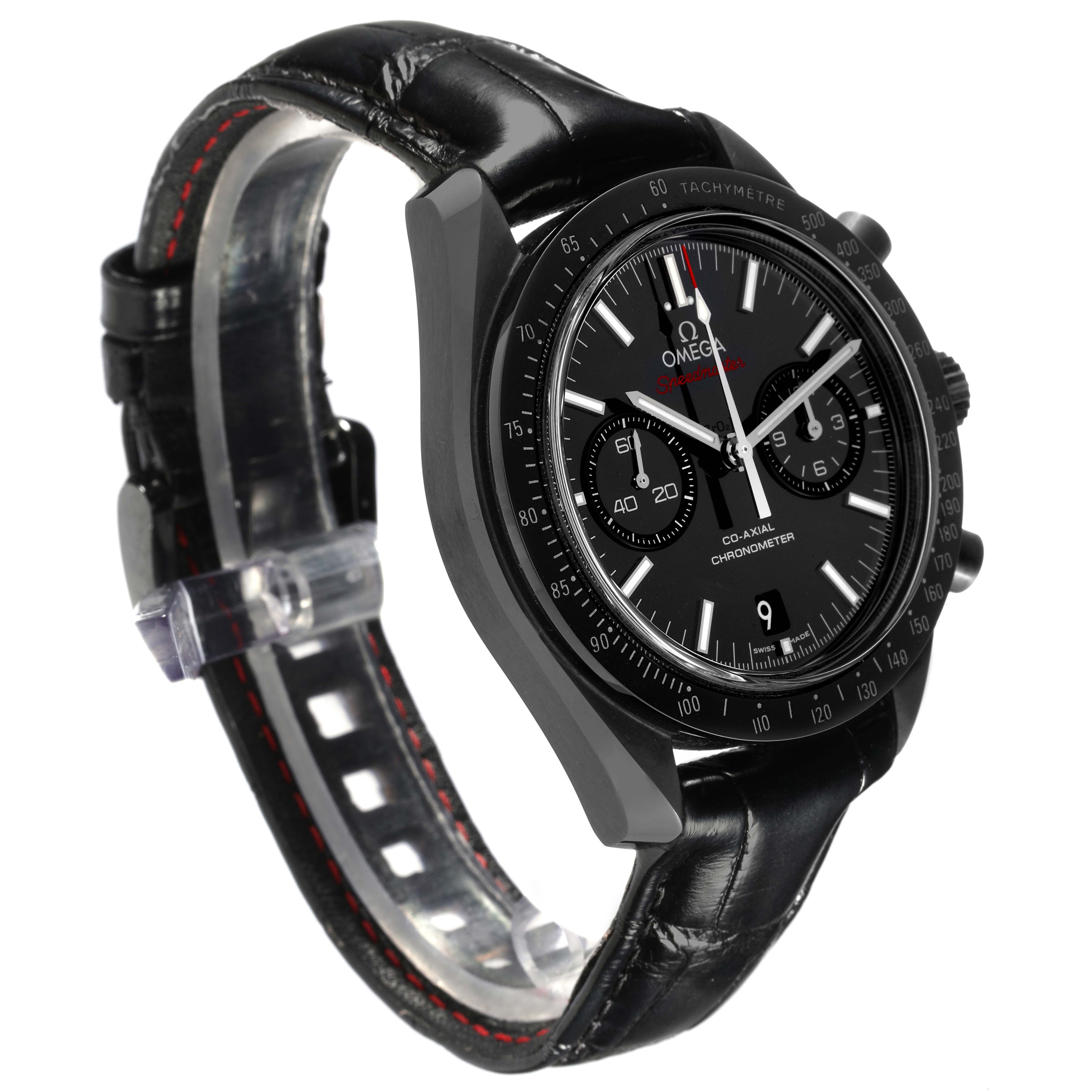 The Omega Speedmaster 311.92.44.51.01.003 Men's Ceramic Black Dial watch is shown at a three-quarter angle, displaying the face, bezel, chronograph dials, and leather strap.