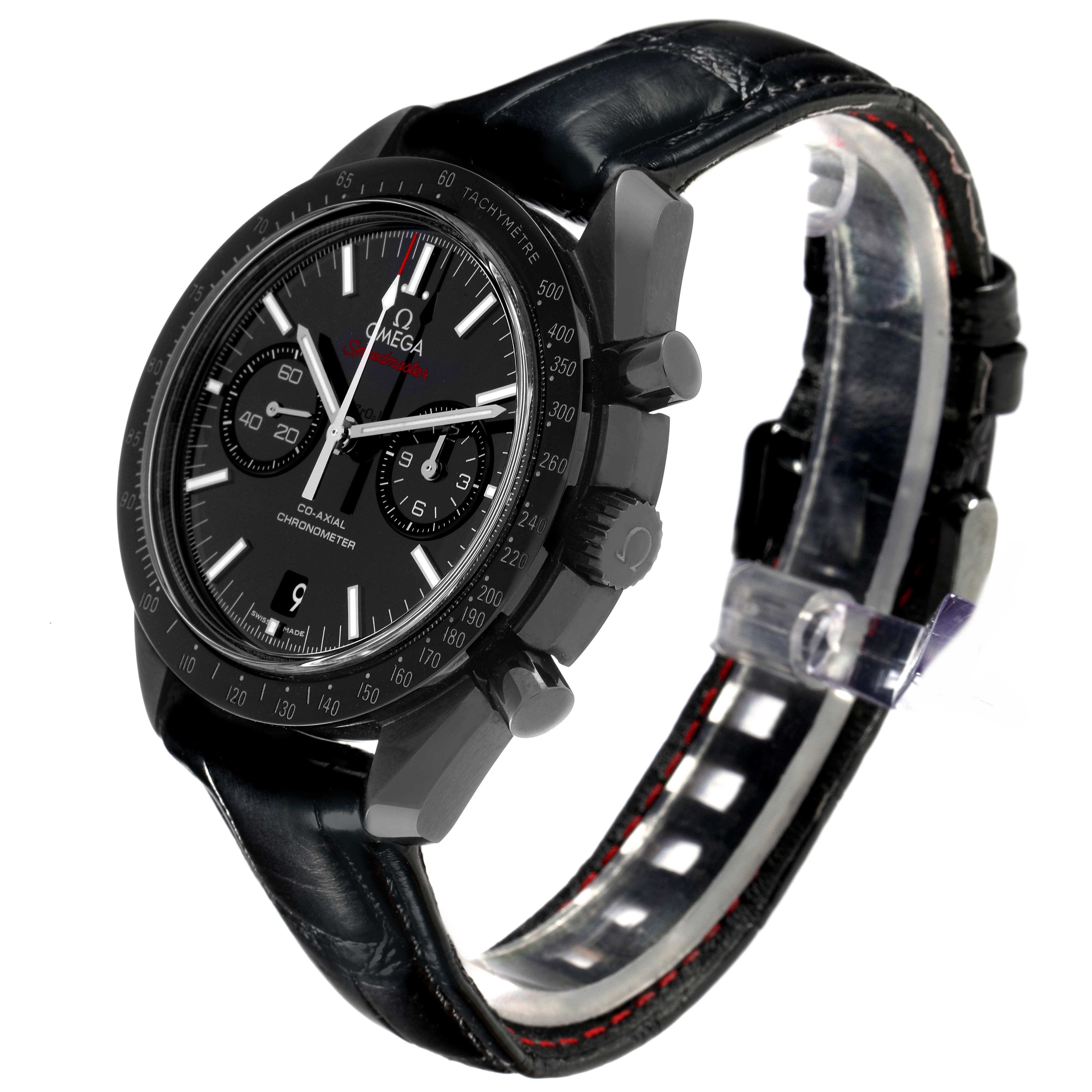 The Omega Speedmaster 311.92.44.51.01.003 Men's Ceramic Black Dial watch is shown at a three-quarter angle, highlighting the watch face, bezel, and leather strap.