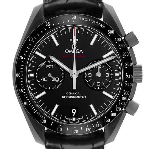 The Omega Speedmaster 311.92.44.51.01.003 Men's Ceramic Black Dial watch is shown from a front angle, displaying the dial, tachymeter, and pushers.