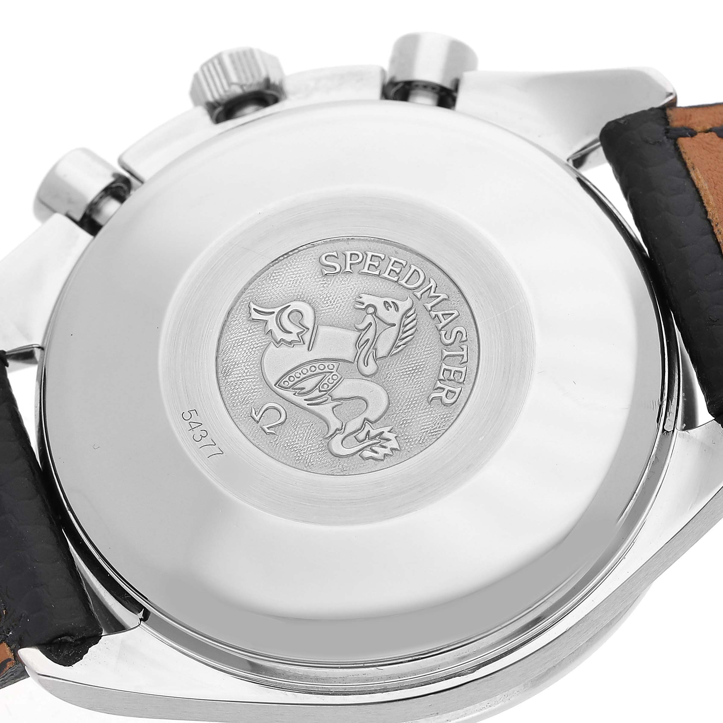 The image shows the back case of an Omega Speedmaster 3513.30.00 Men's Stainless Steel Blue Dial, featuring its emblem and part of the strap and crown.