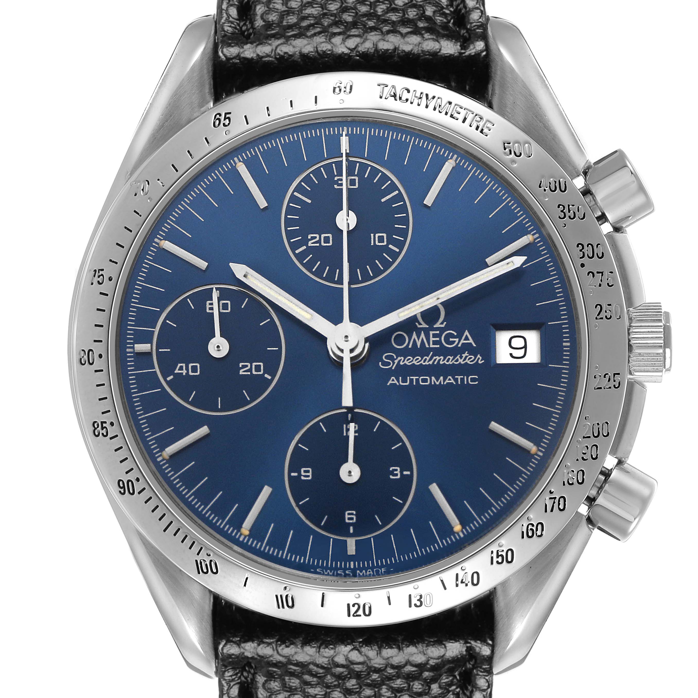 The Omega Speedmaster 3513.30.00 Men's Stainless Steel Blue Dial is shown from the front, displaying the face, dials, bezel, and part of the strap.