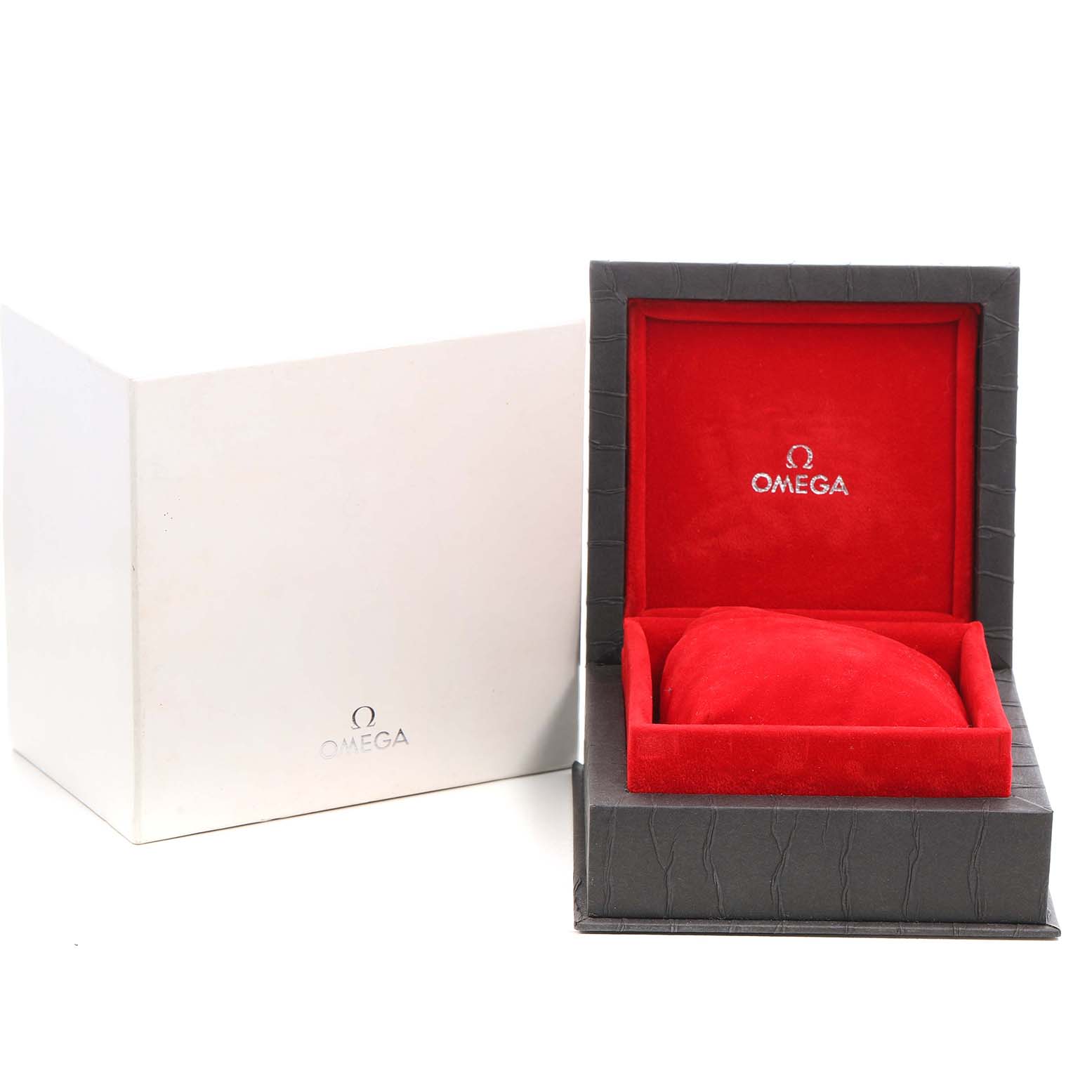 The image shows an Omega Speedmaster 3513.30.00 Men's Stainless Steel Blue Dial watch box, featuring an open red and grey interior, with an outer white box beside it.