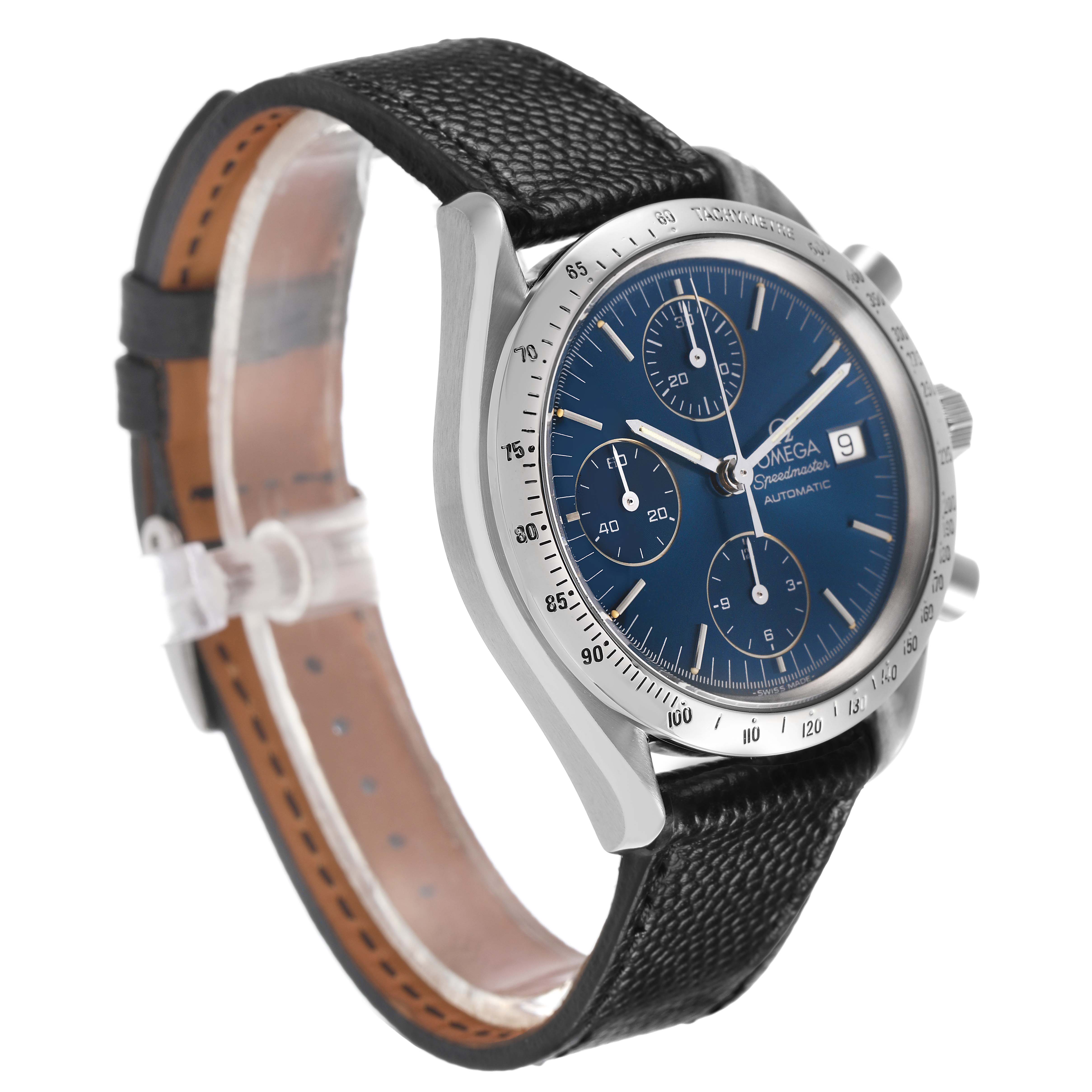 The Omega Speedmaster 3513.30.00 Men's Stainless Steel Blue Dial is shown at a three-quarter angle, highlighting the case, dial, bezel, and leather strap.