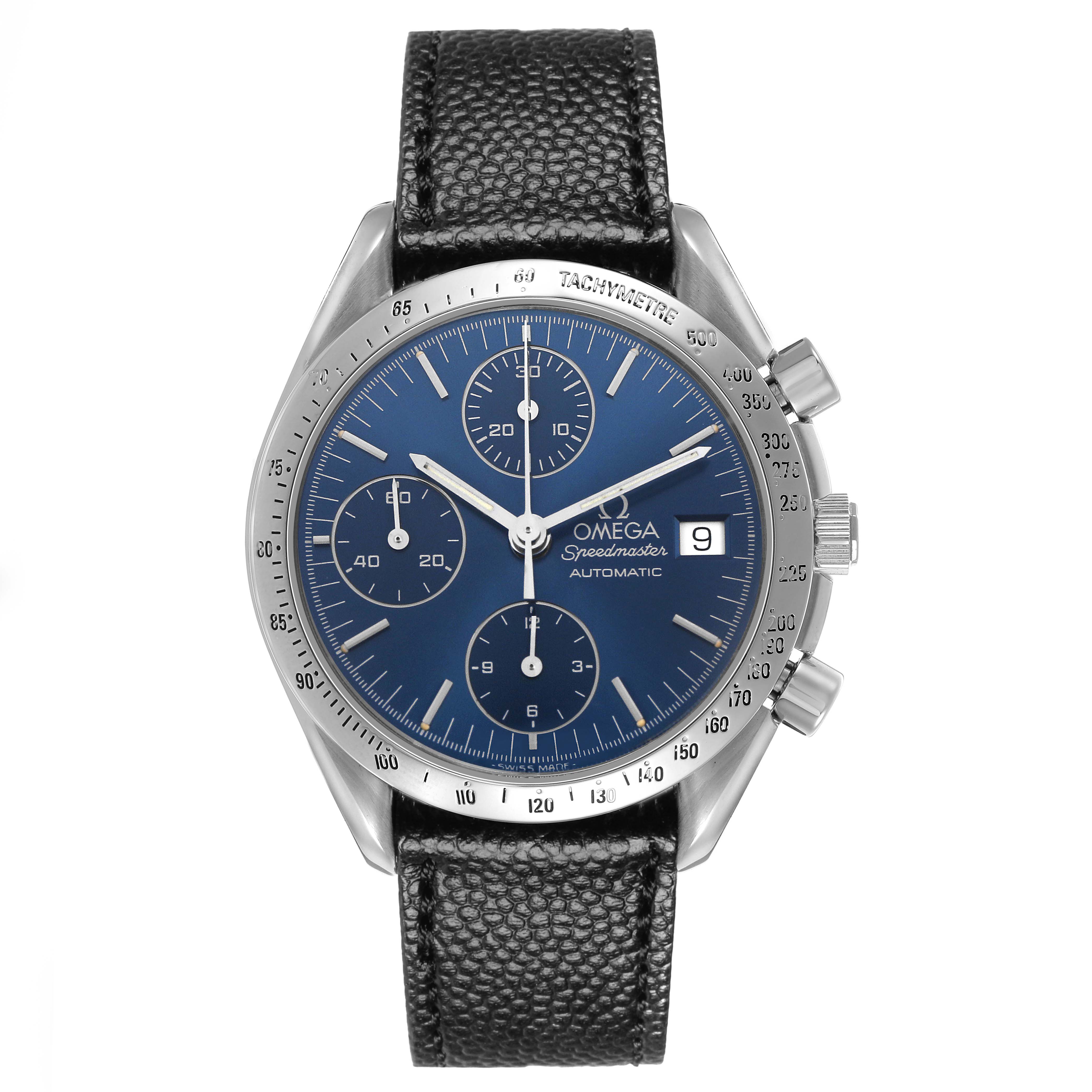 The Omega Speedmaster 3513.30.00 Men's Stainless Steel Blue Dial watch is shown from a top-down angle, displaying the face, bezel, pushers, and strap.