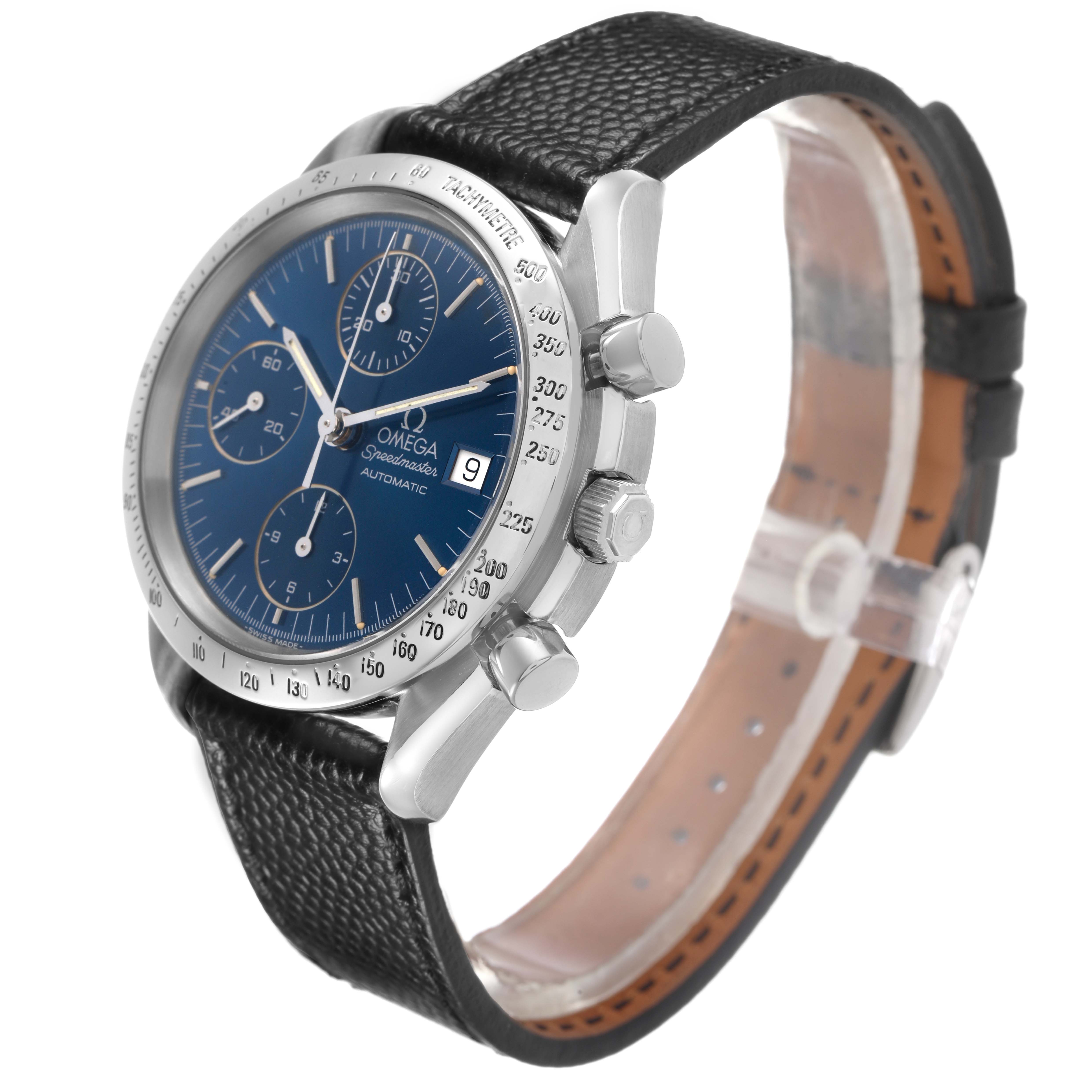 The Omega Speedmaster 3513.30.00 Men's Stainless Steel Blue Dial watch is shown at a three-quarter angle, highlighting the face, crown, pushers, and leather strap.