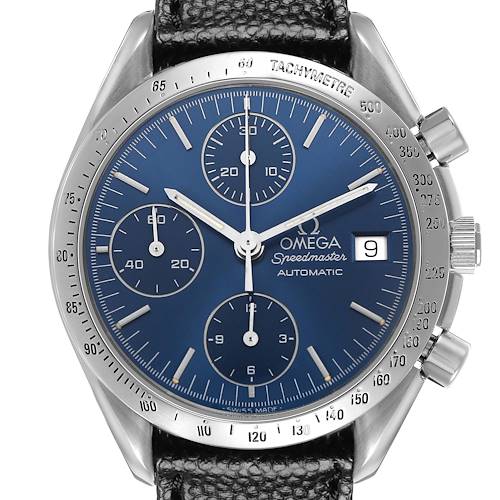The Omega Speedmaster 3513.30.00 Men's Stainless Steel Blue Dial watch is shown from a front angle, displaying its blue dial, tachymeter bezel, chronograph subdials, and date window.