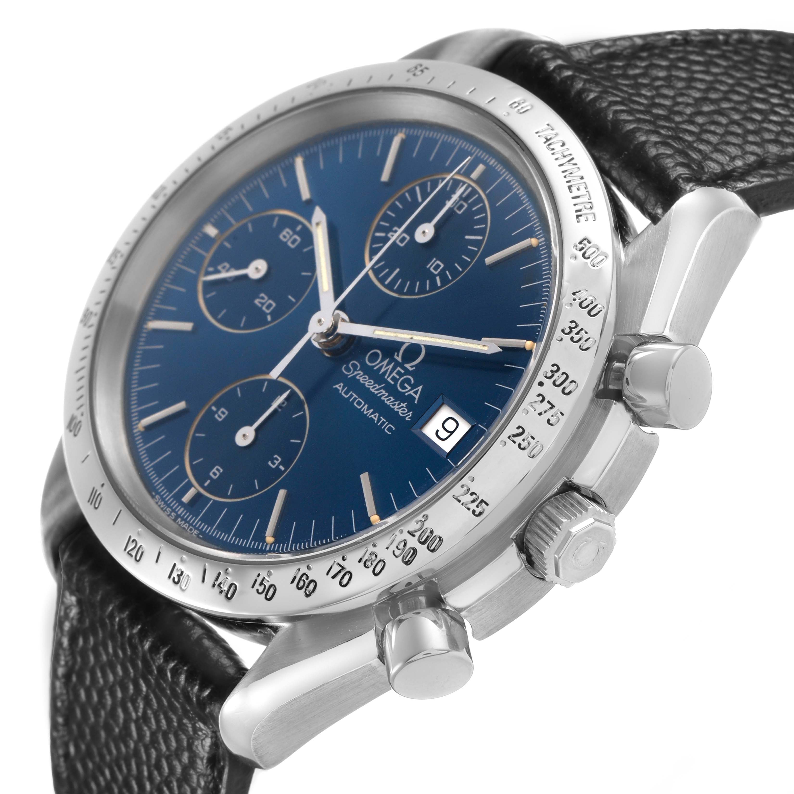 The Omega Speedmaster 3513.30.00 Men's Stainless Steel Blue Dial watch is shown at a three-quarter angle, highlighting its dial, bezel, crown, pushers, and strap.