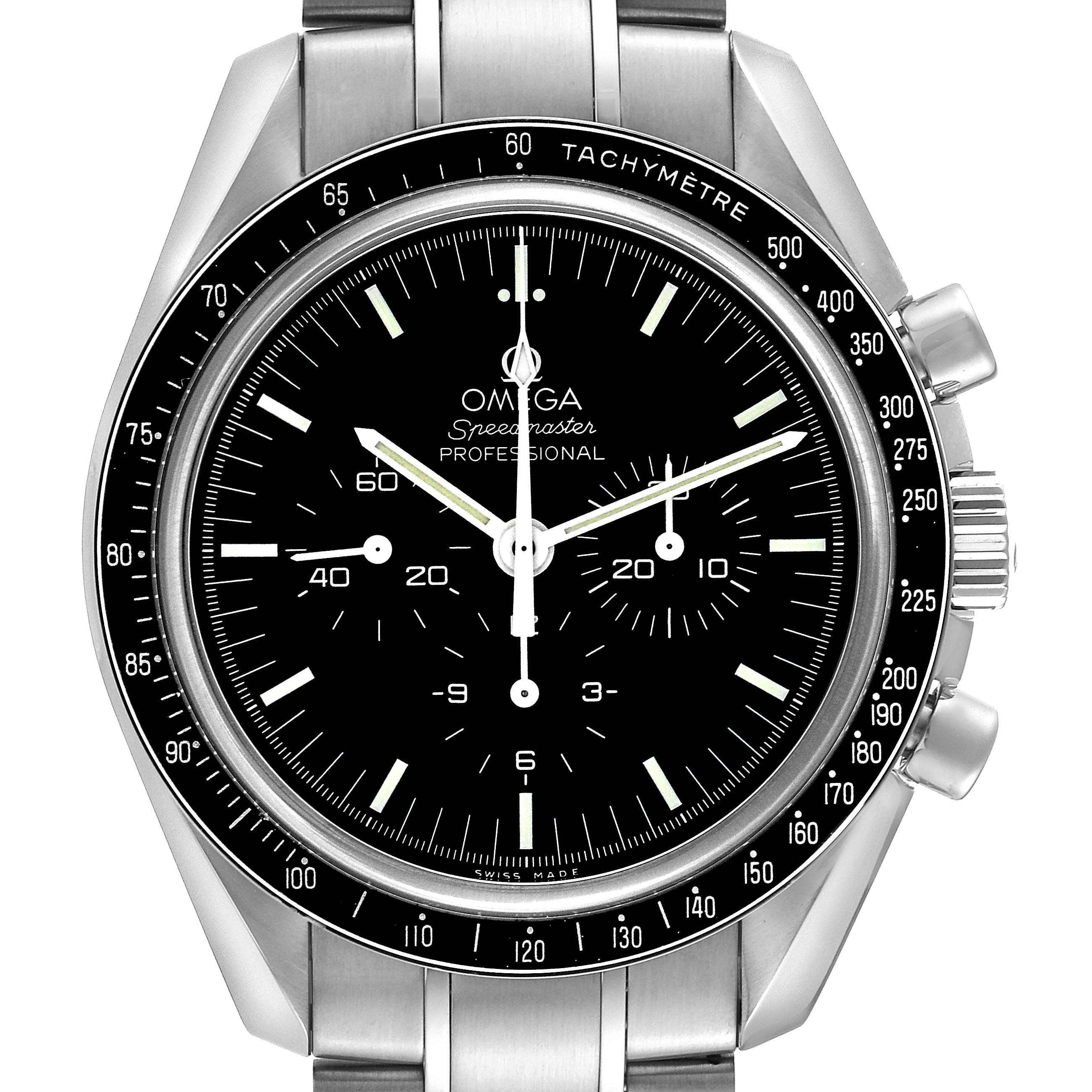 The image shows the front view of an Omega Speedmaster 311.30.42.30.01.006 Men
s Stainless Steel Black Dial 311.30.42.30.01.006 Men
s Stainless Steel Black Dial watch, highlighting its dial, tachymeter, and part of the metal bracelet.