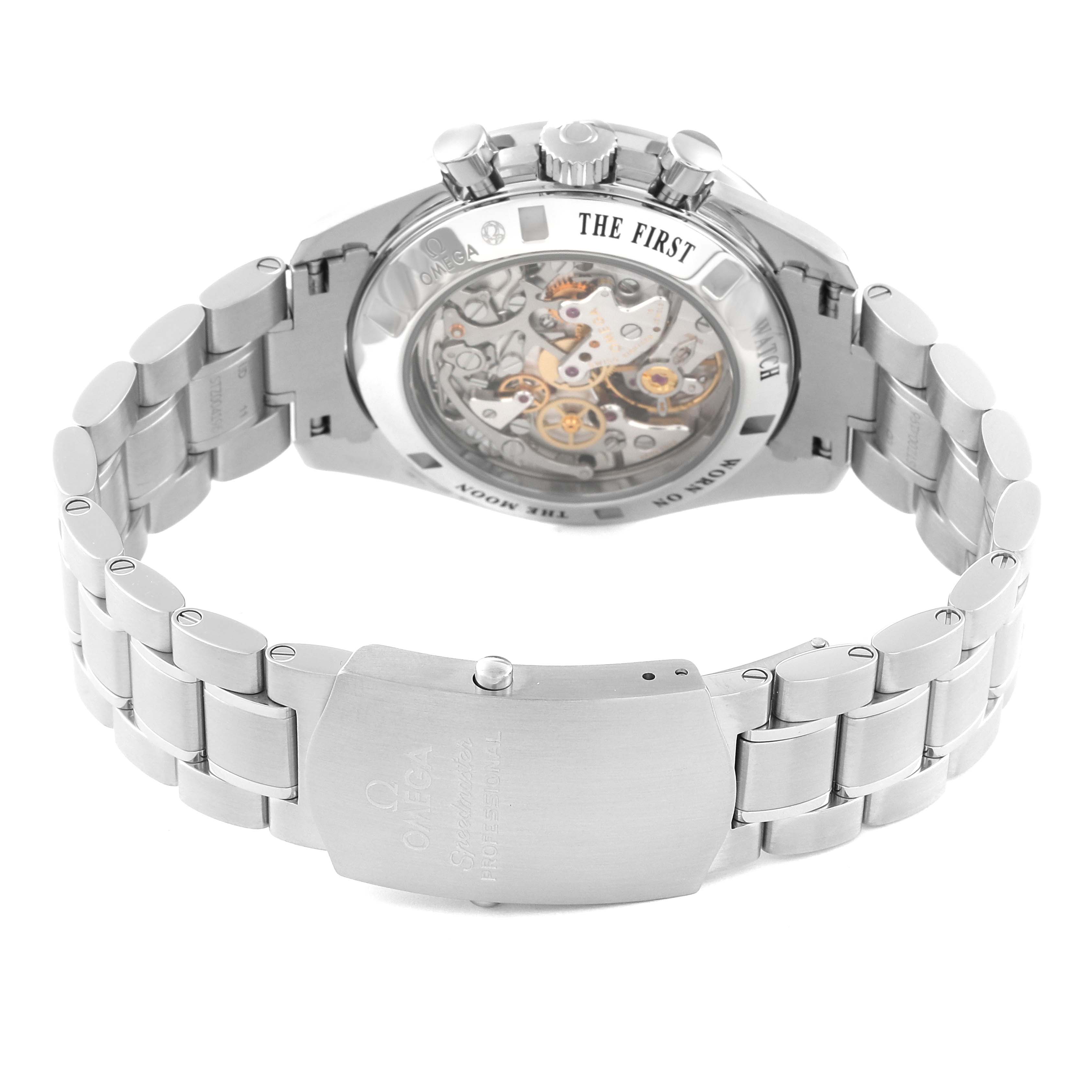 The image shows the back view of the Omega Speedmaster 311.30.42.30.01.006 Men
s Stainless Steel Black Dial 311.30.42.30.01.006 Men
s Stainless Steel Black Dial, highlighting its metal bracelet, clasp, and exposed mechanical movement.