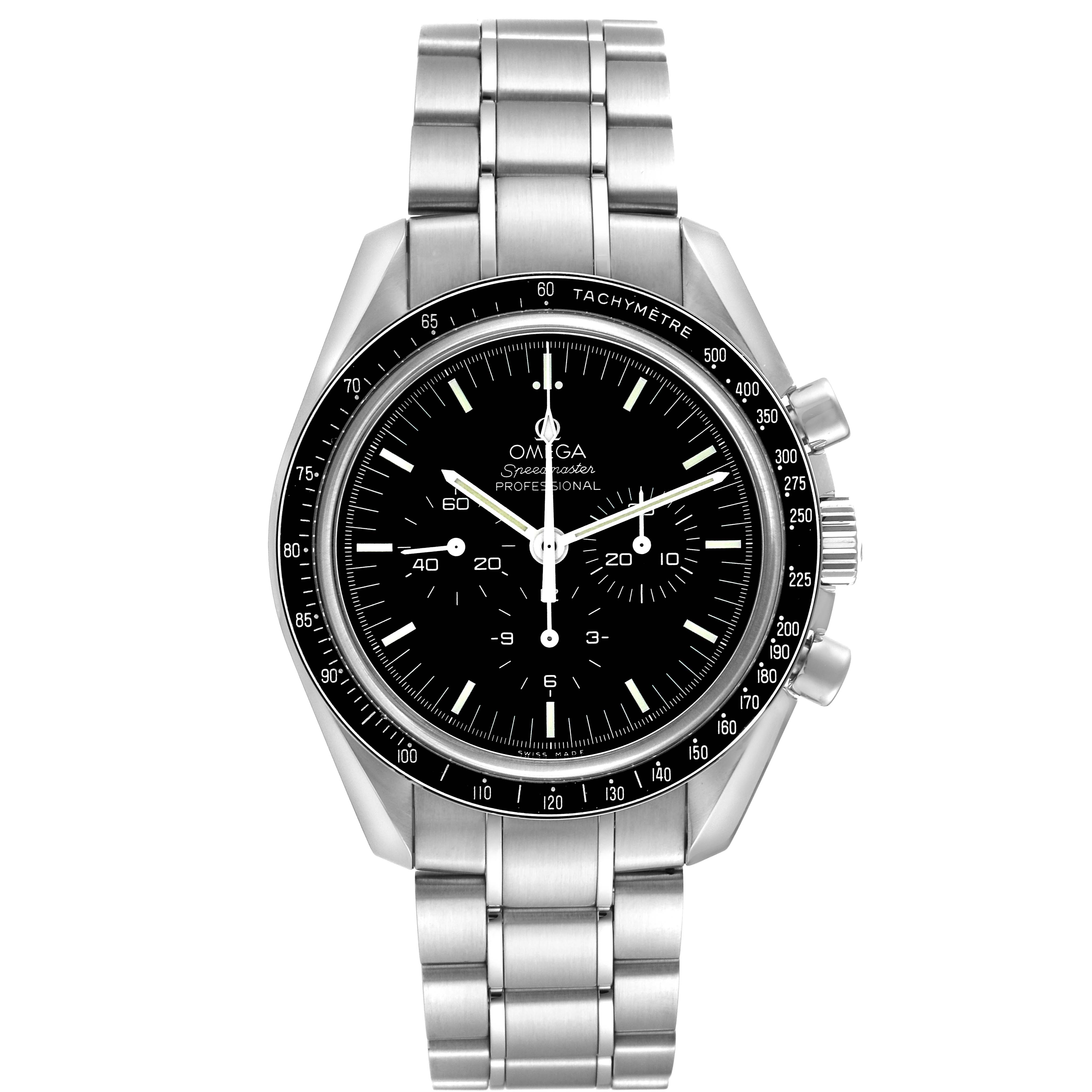 The Omega Speedmaster 311.30.42.30.01.006 Men
s Stainless Steel Black Dial 311.30.42.30.01.006 Men
s Stainless Steel Black Dial watch is shown from the front, displaying the face, bezel, and stainless steel bracelet. 