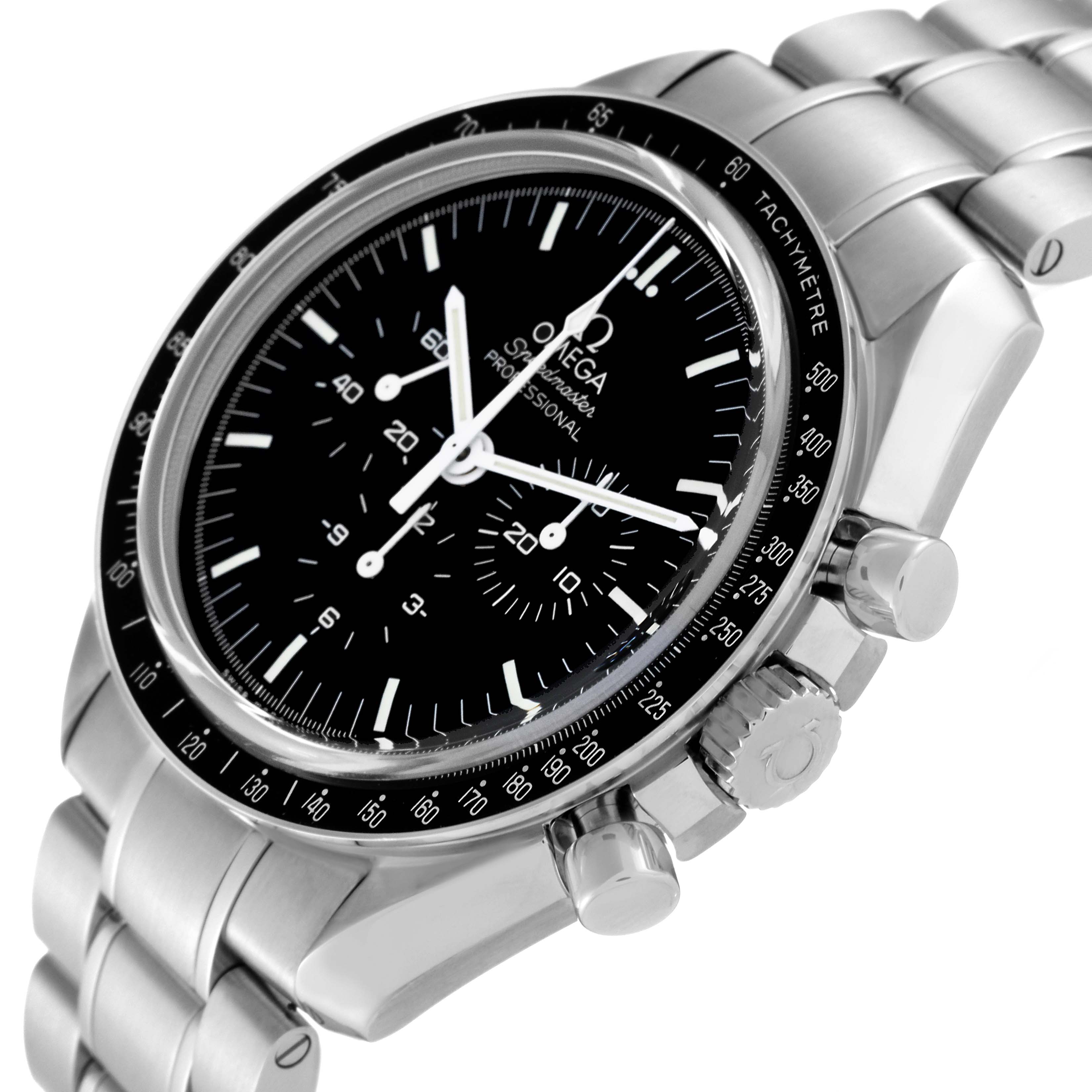 The image shows an angled view of an Omega Speedmaster 311.30.42.30.01.006 Men
s Stainless Steel Black Dial 311.30.42.30.01.006 Men
s Stainless Steel Black Dial watch, highlighting its black dial, tachymeter bezel, and metal bracelet.