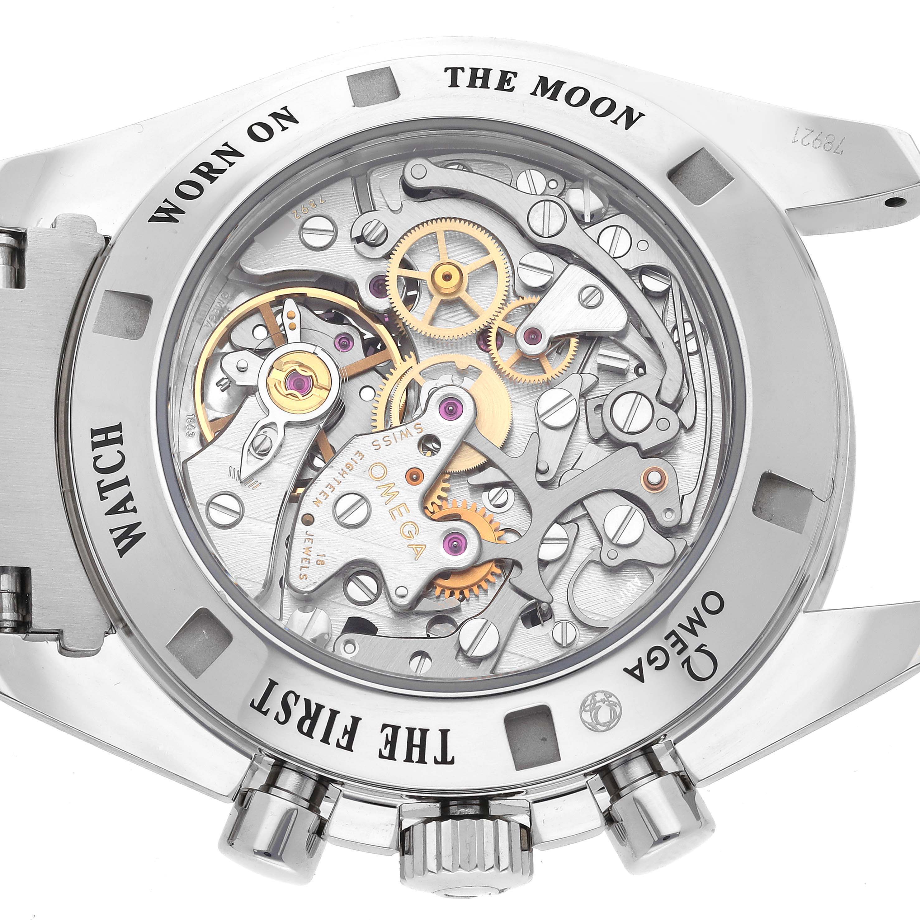 This image shows the open case back of an Omega Speedmaster 311.30.42.30.01.006 Men
s Stainless Steel Black Dial 311.30.42.30.01.006 Men
s Stainless Steel Black Dial, revealing its intricate mechanical movement.