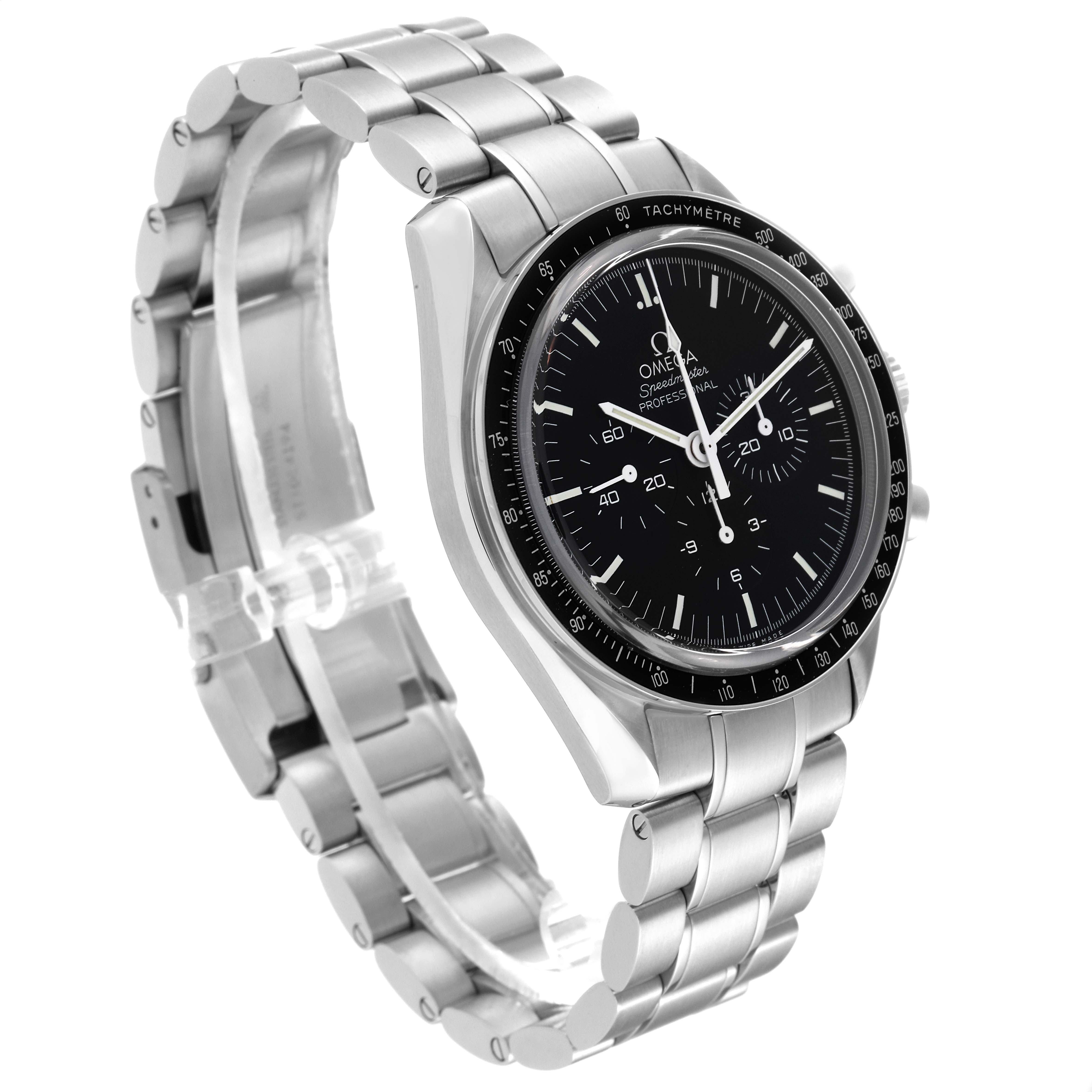 The Omega Speedmaster 311.30.42.30.01.006 Men
s Stainless Steel Black Dial 311.30.42.30.01.006 Men
s Stainless Steel Black Dial watch is shown at a three-quarter angle displaying its dial, bezel, and metallic bracelet.