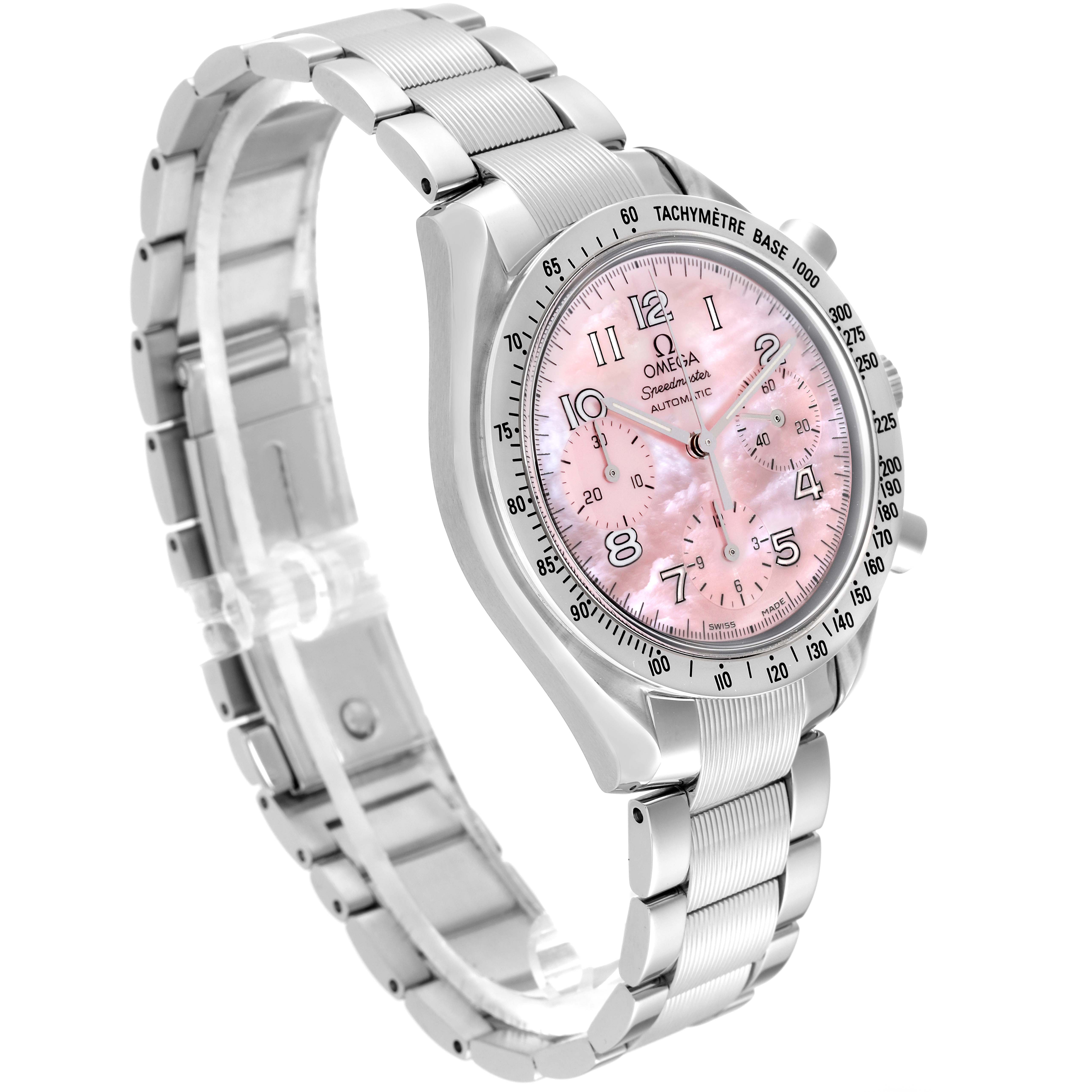 The image shows an Omega Speedmaster 3502.78.00 Men's Stainless Steel Mother of Pearl Dial 3502.78.00 Men's Stainless Steel Mother of Pearl Dial watch at a three-quarter angle highlighting the pink dial, silver bezel, and metal bracelet.