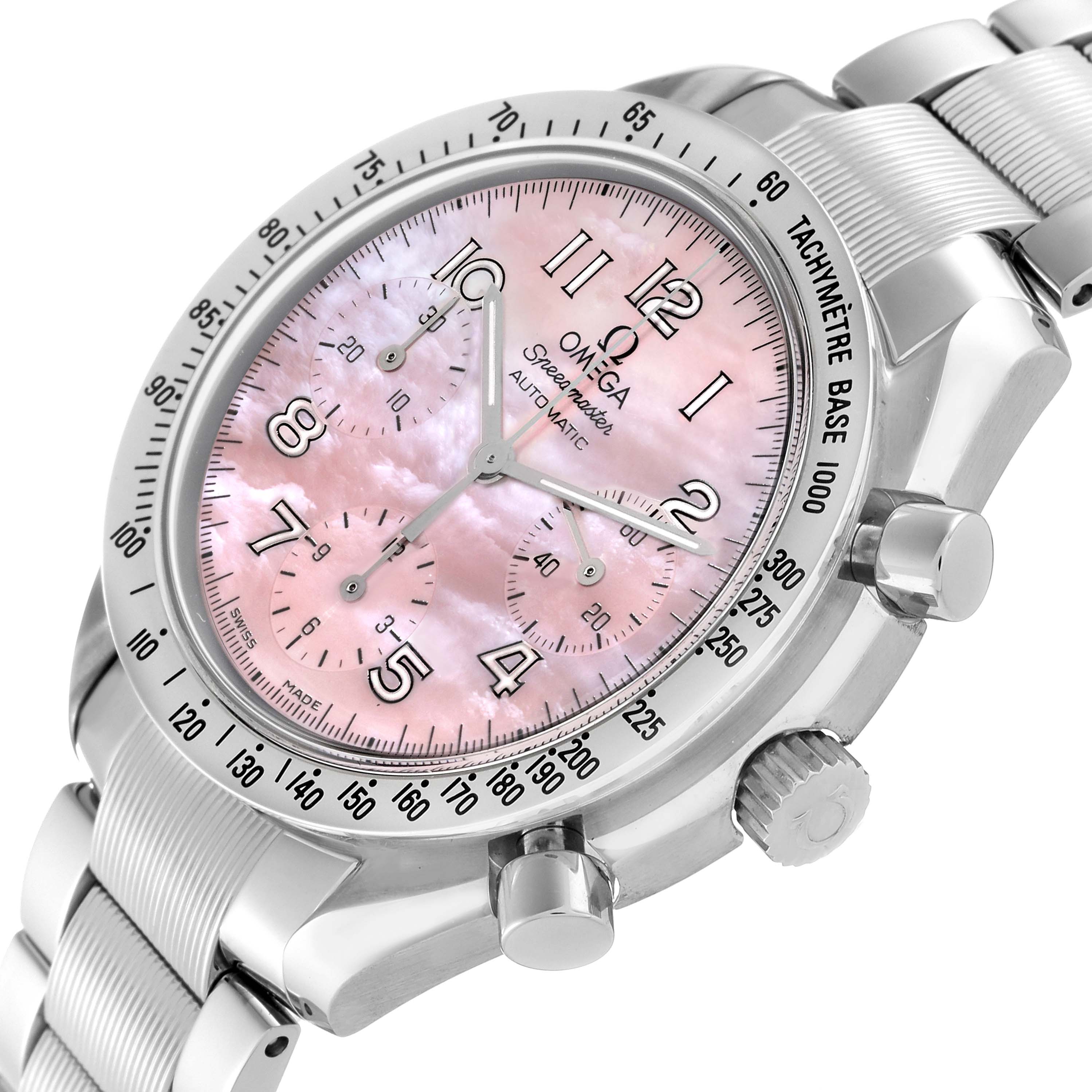 The Omega Speedmaster 3502.78.00 Men's Stainless Steel Mother of Pearl Dial 3502.78.00 Men's Stainless Steel Mother of Pearl Dial is shown at an angled side view, highlighting its pink dial, pushers, and crown.