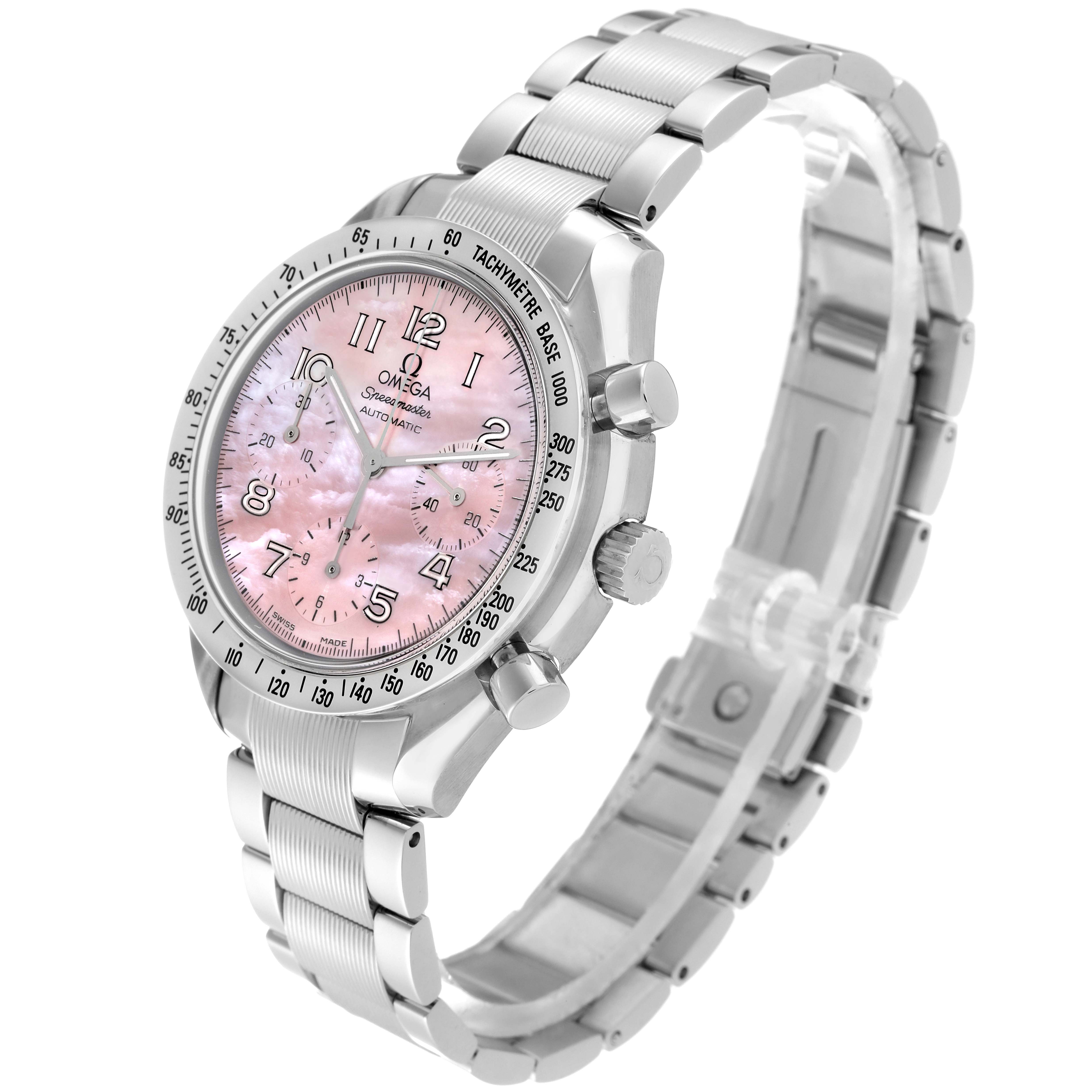 The Omega Speedmaster 3502.78.00 Men's Stainless Steel Mother of Pearl Dial 3502.78.00 Men's Stainless Steel Mother of Pearl Dial watch is shown at a tilted angle, displaying its face, bezel, crown, pushers, and bracelet.