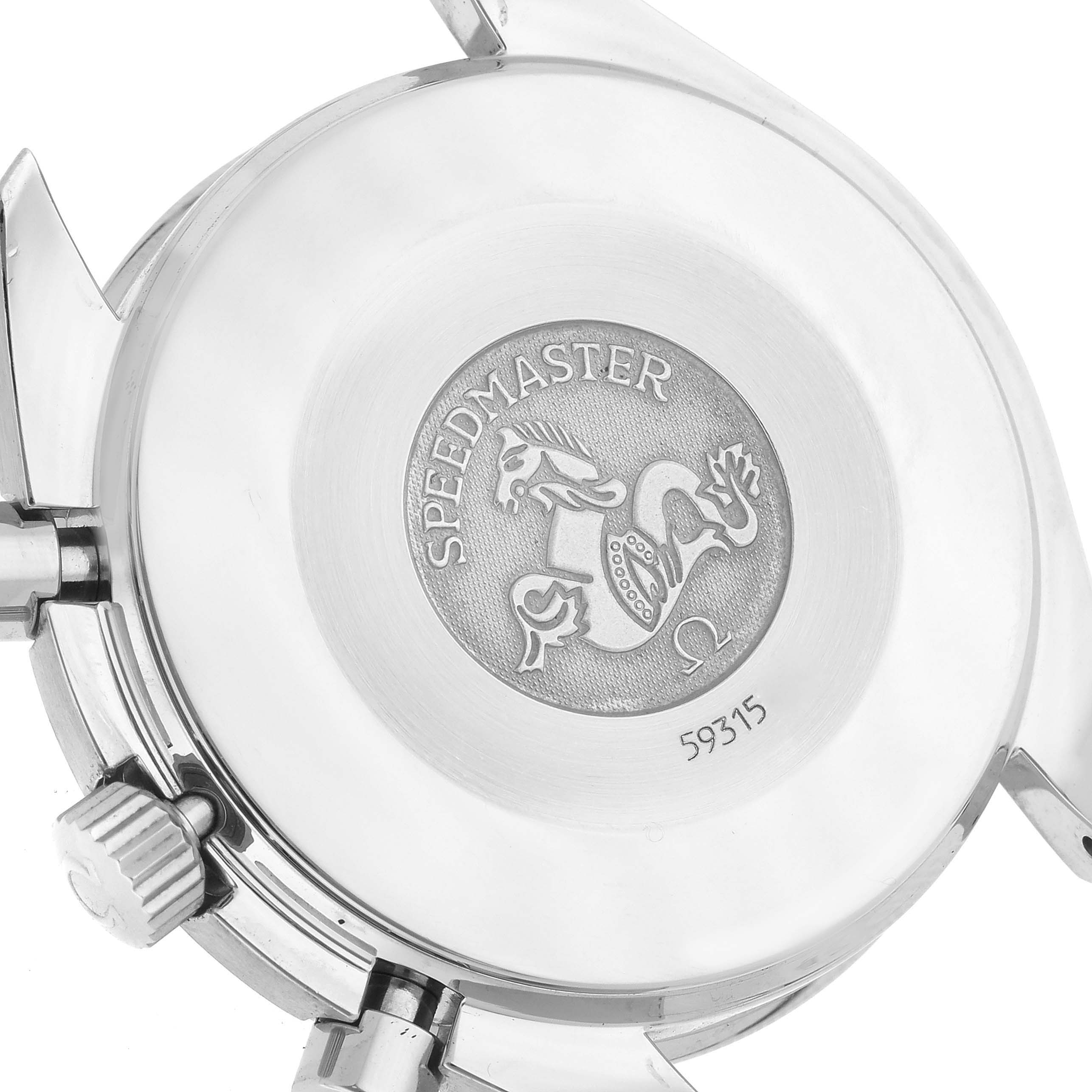 The image shows the back case of an Omega Speedmaster 3502.78.00 Men's Stainless Steel Mother of Pearl Dial 3502.78.00 Men's Stainless Steel Mother of Pearl Dial watch, highlighting the brand logo and model engravings.