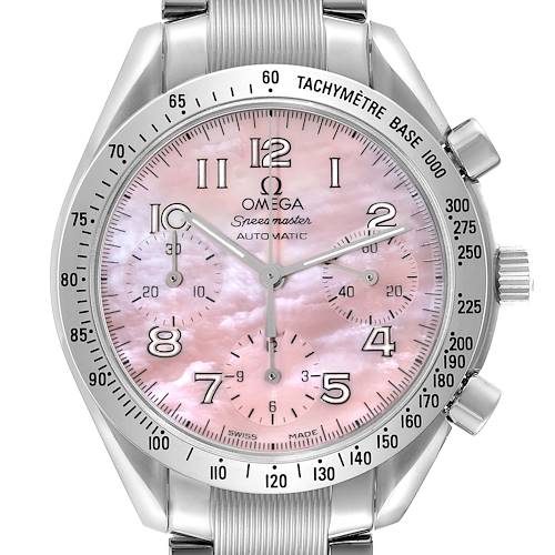 The image shows a front view of an Omega Speedmaster watch with a pink dial and tachymeter bezel.