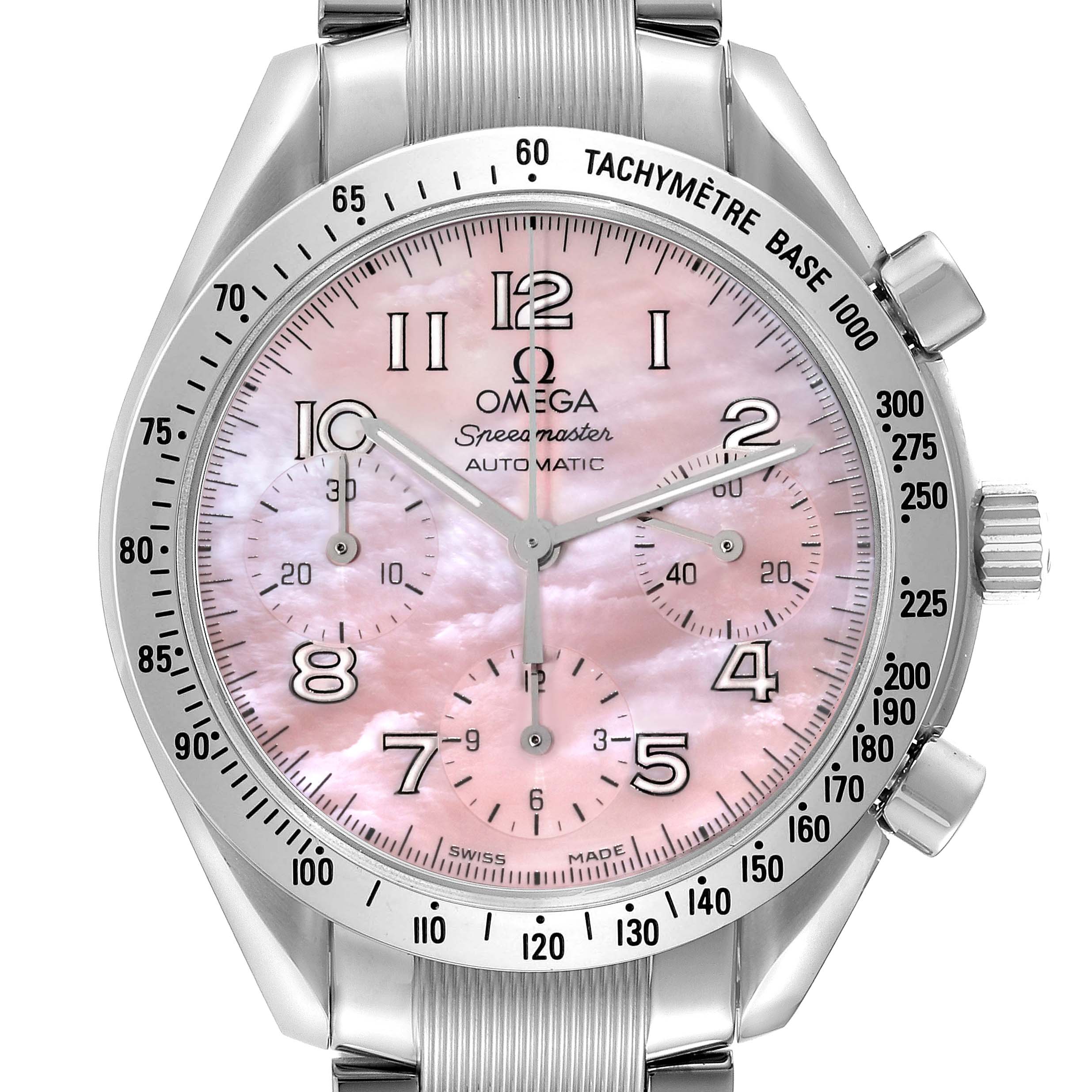 This image shows a frontal view of the Omega Speedmaster 3502.78.00 Men's Stainless Steel Mother of Pearl Dial 3502.78.00 Men's Stainless Steel Mother of Pearl Dial watch, highlighting its pink mother-of-pearl dial and tachymeter bezel.