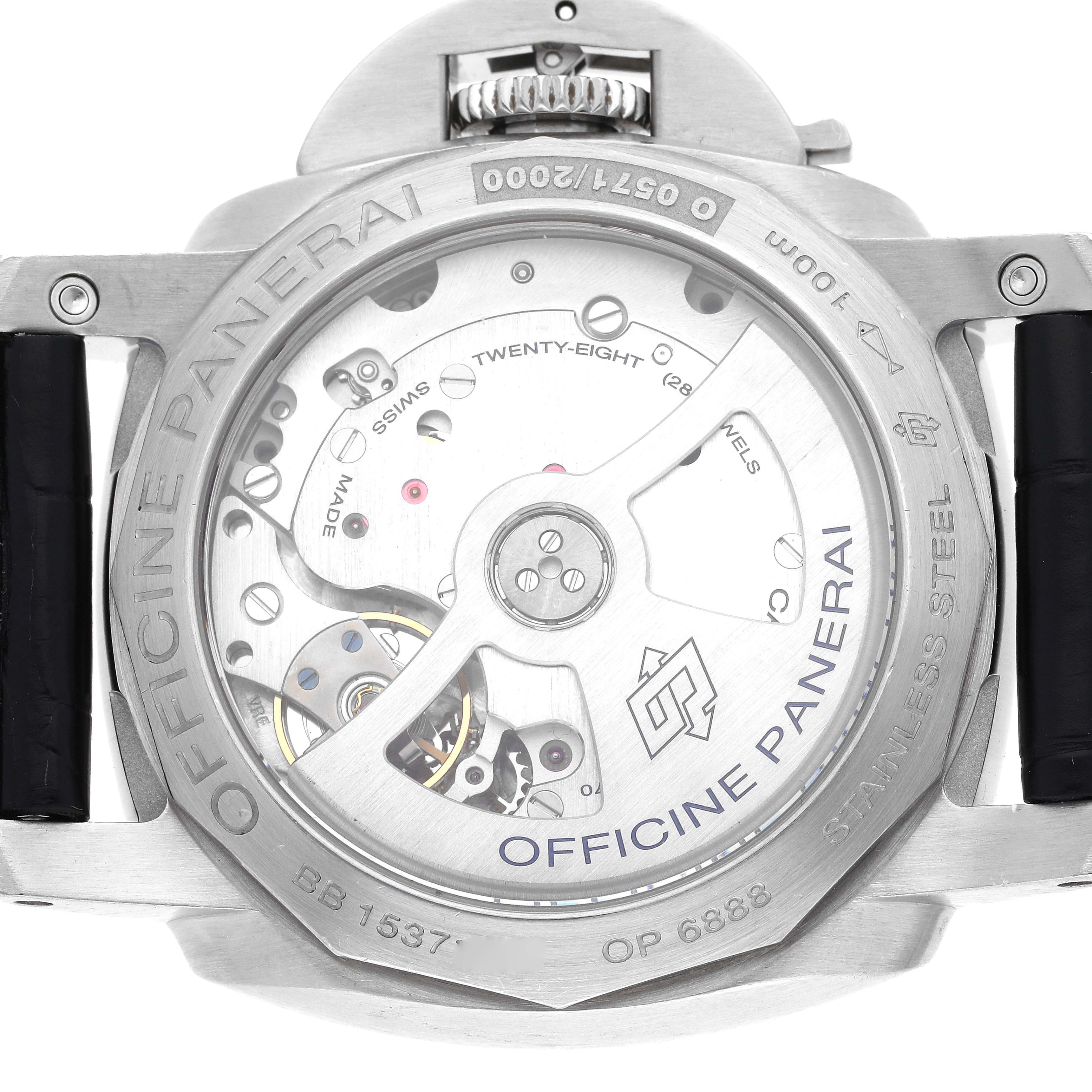 The image shows the back view of a Panerai Luminor PAM00392 Men's Stainless Steel Black Dial PAM00392 Men's Stainless Steel Black Dial watch, revealing its transparent case back and internal mechanism.