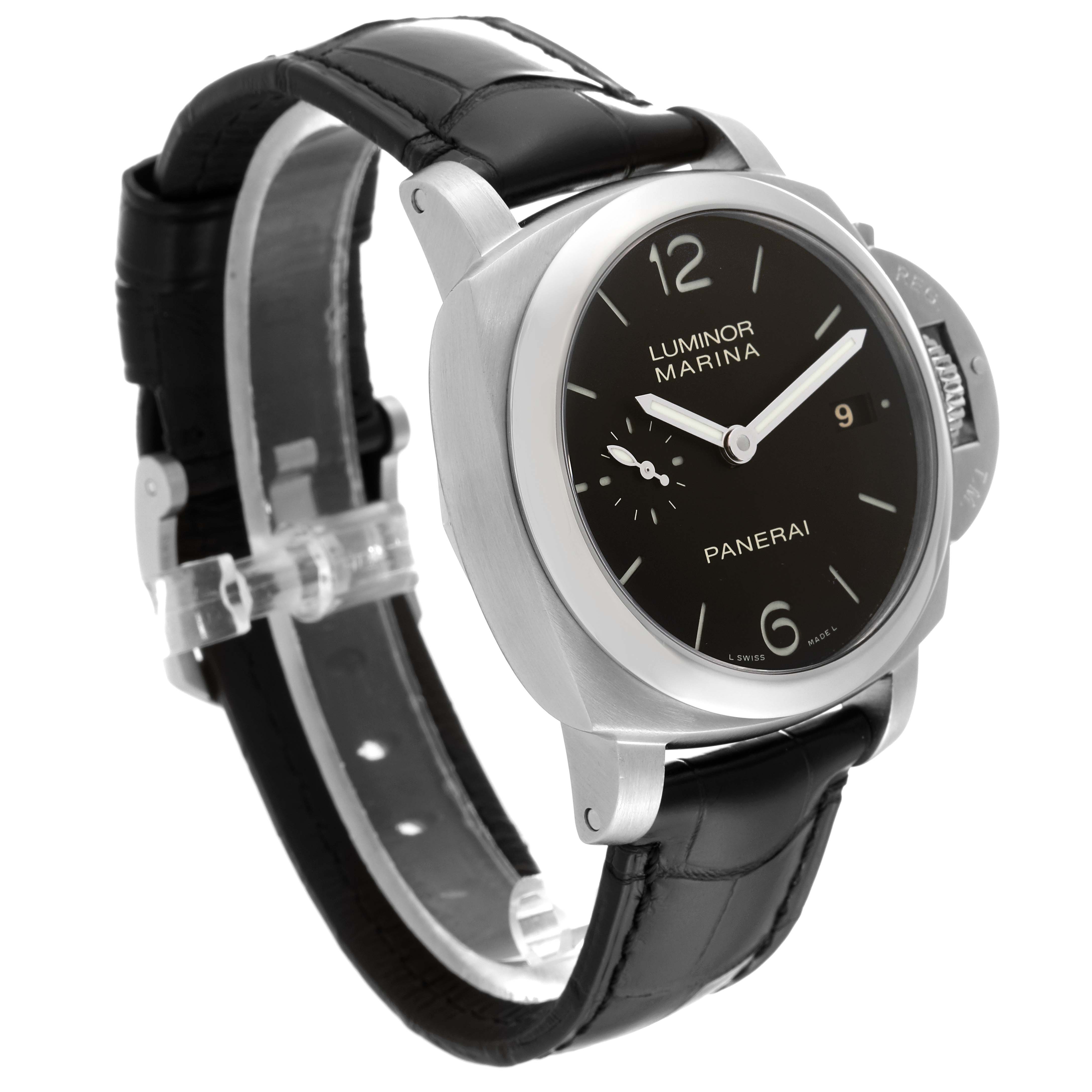 This image shows a Panerai Luminor PAM00392 Men's Stainless Steel Black Dial PAM00392 Men's Stainless Steel Black Dial Marina watch angled from the front-left, displaying its face, strap, and crown guard.