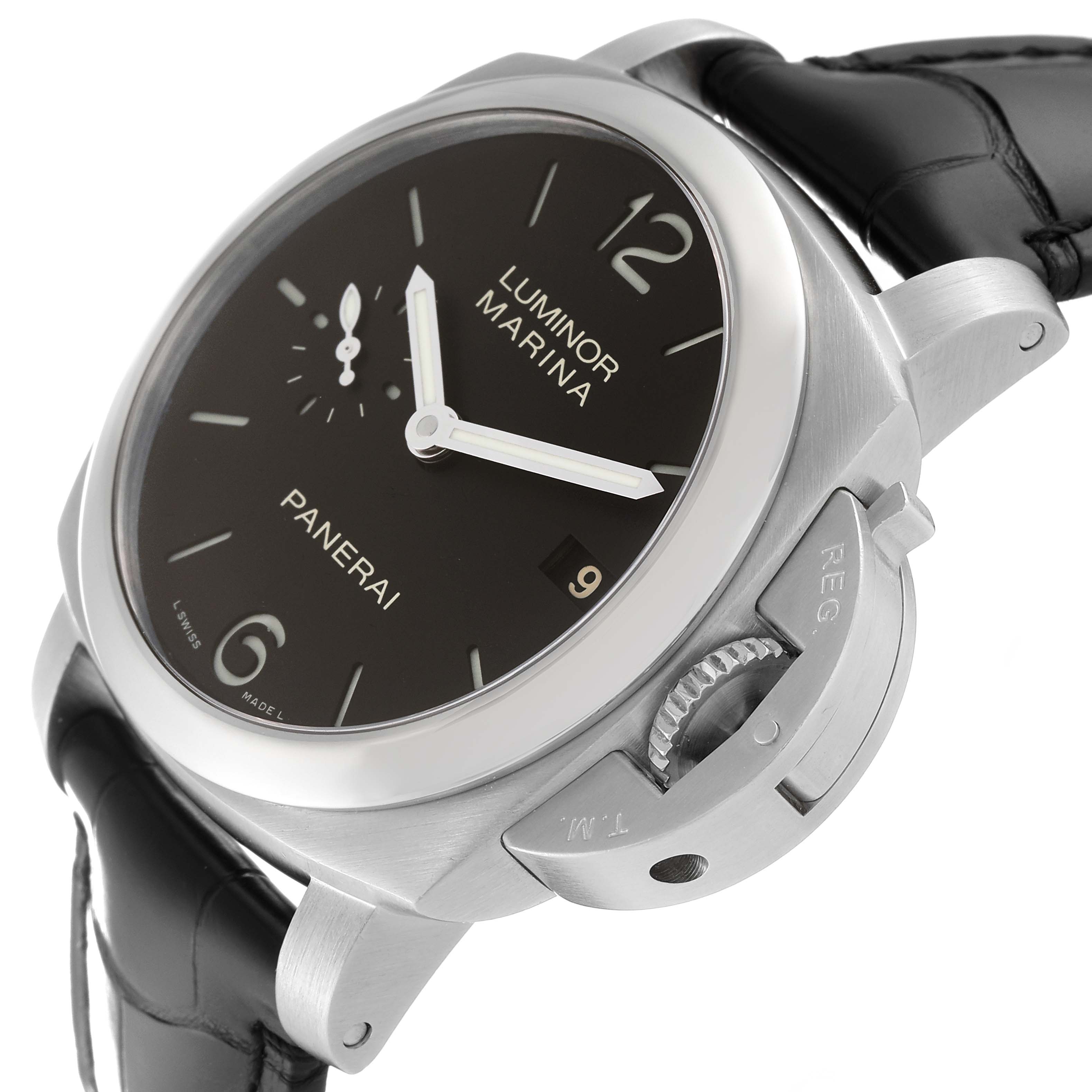 The image shows a side-angle view of the Panerai Luminor PAM00392 Men's Stainless Steel Black Dial PAM00392 Men's Stainless Steel Black Dial Marina watch, highlighting its dial, crown, and black leather strap.