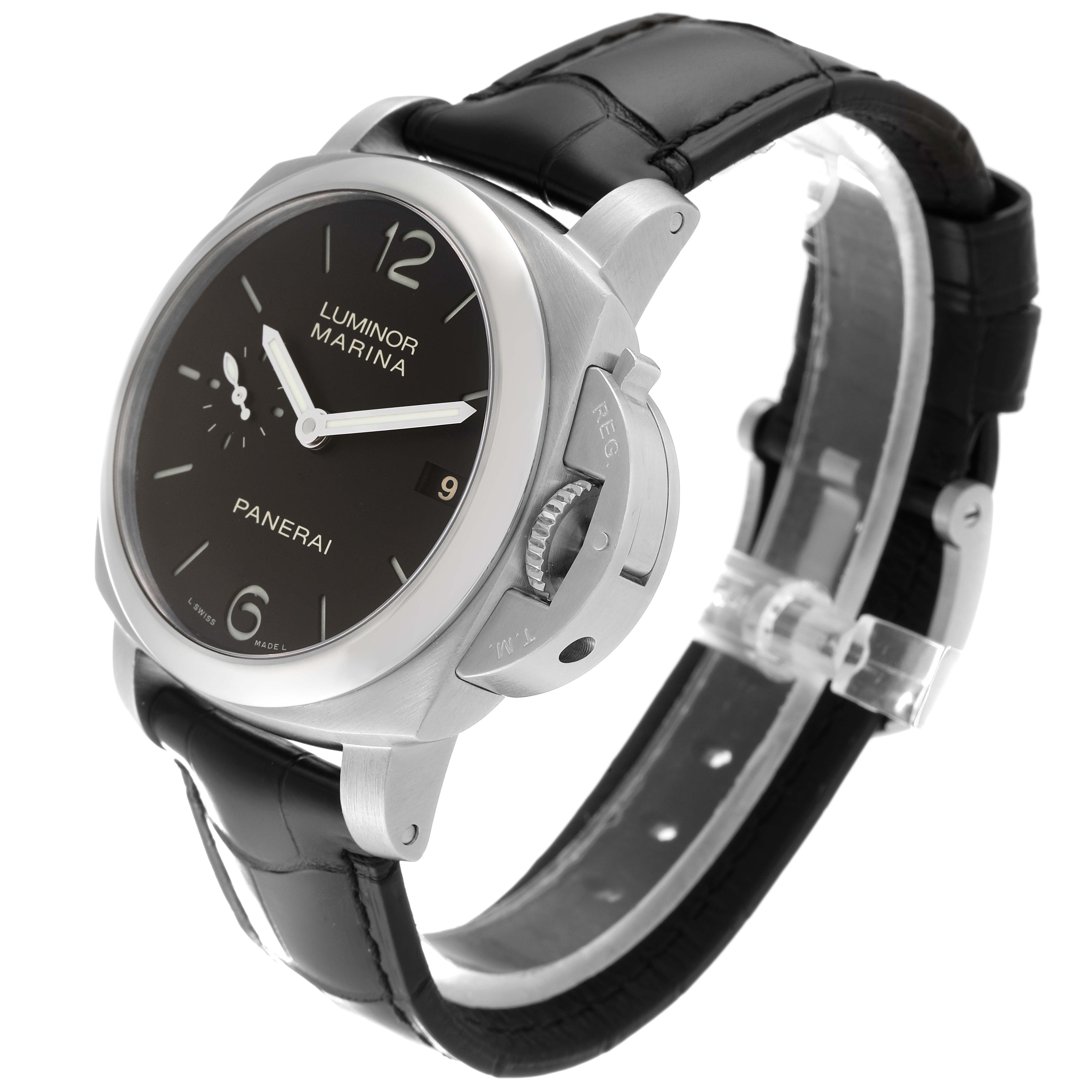 This is a side-angle view of the Panerai Luminor PAM00392 Men's Stainless Steel Black Dial PAM00392 Men's Stainless Steel Black Dial Marina watch, showcasing the dial, case, crown guard, and leather strap.