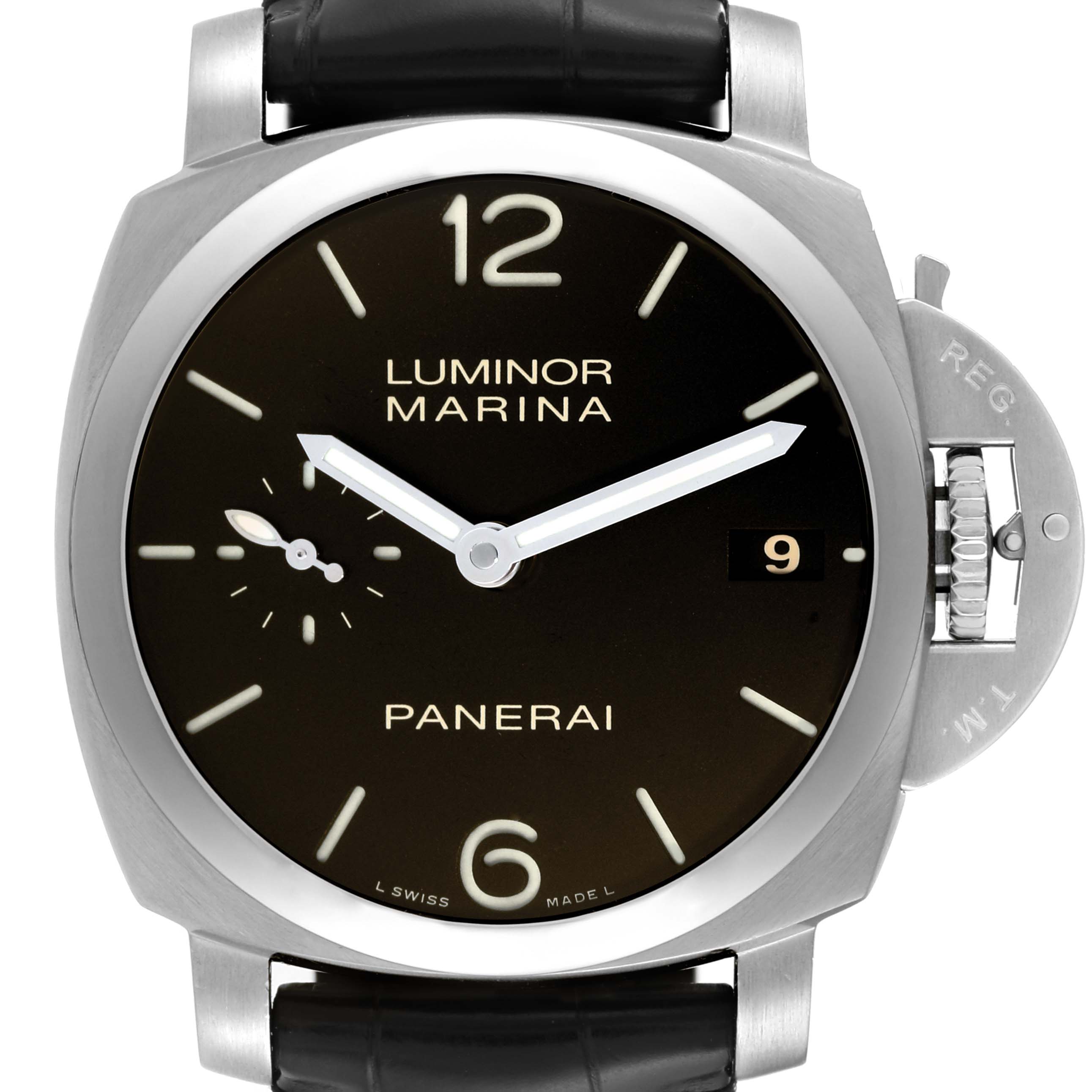 The image shows a front view of the Panerai Luminor PAM00392 Men's Stainless Steel Black Dial PAM00392 Men's Stainless Steel Black Dial Marina watch, highlighting the dial, crown guard, and strap.