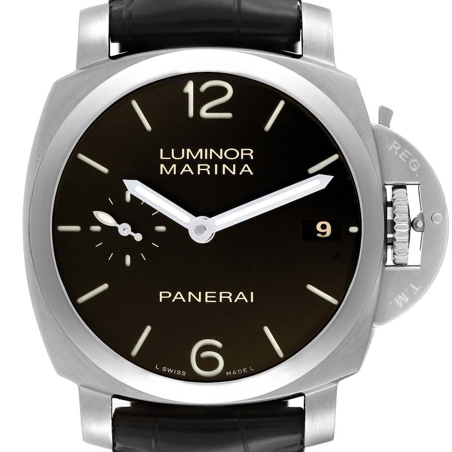 The image shows a front view of the Panerai Luminor Marina watch, highlighting the dial, crown guard, and strap.