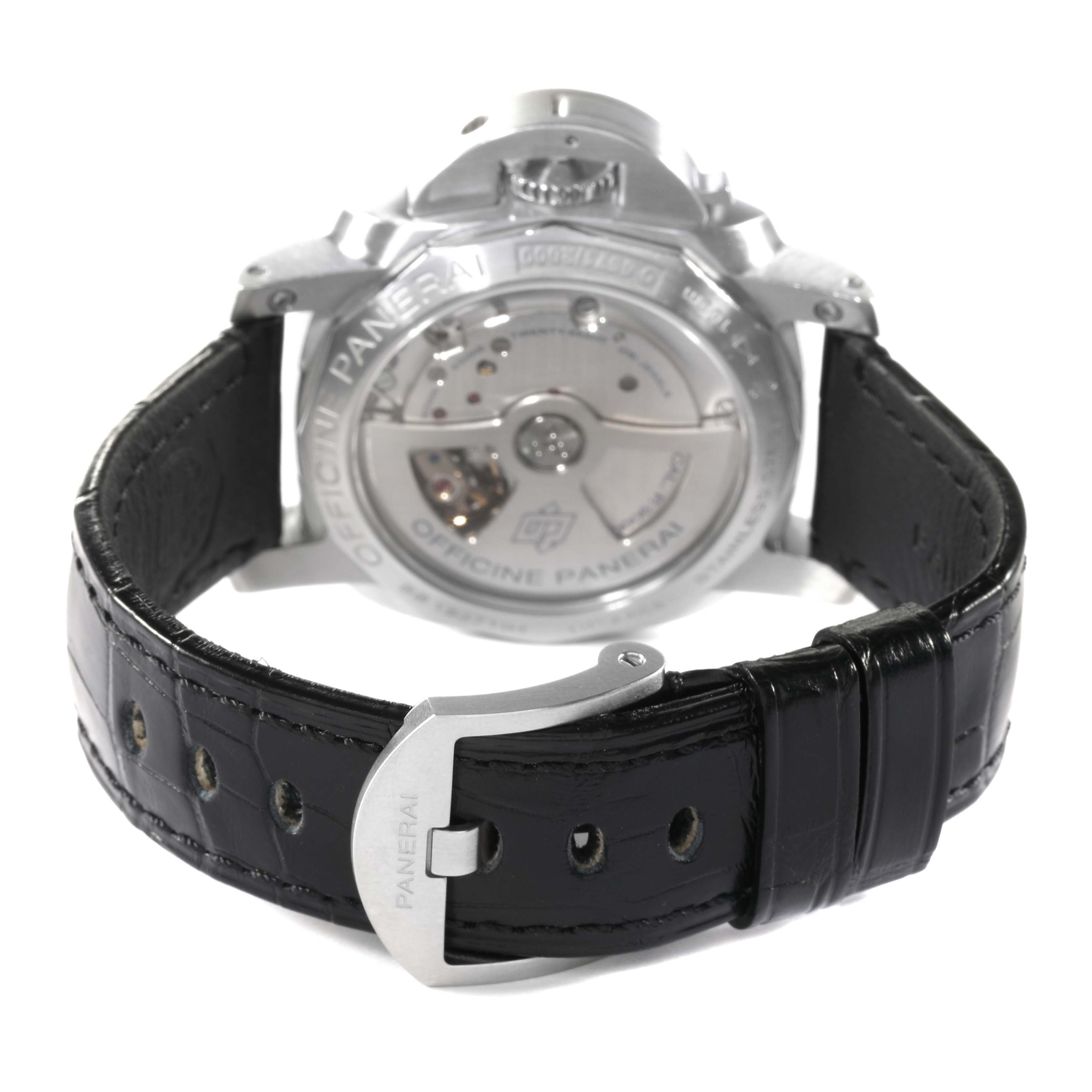 The image shows the back view of a Panerai Luminor PAM00392 Men's Stainless Steel Black Dial PAM00392 Men's Stainless Steel Black Dial watch, highlighting its movement and a black leather strap with a Panerai buckle.