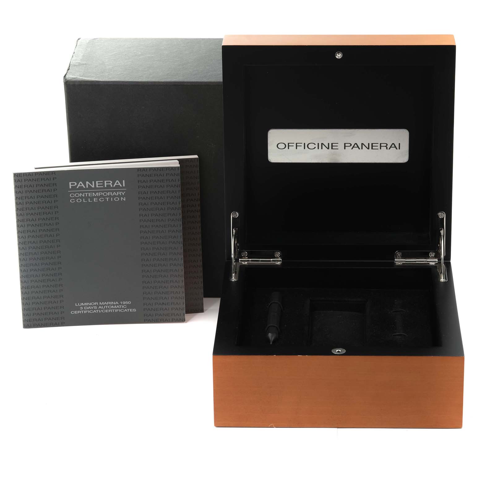 The image shows the open box and packaging accessories for the Panerai Luminor PAM00392 Men's Stainless Steel Black Dial PAM00392 Men's Stainless Steel Black Dial model, including booklets and a tool.