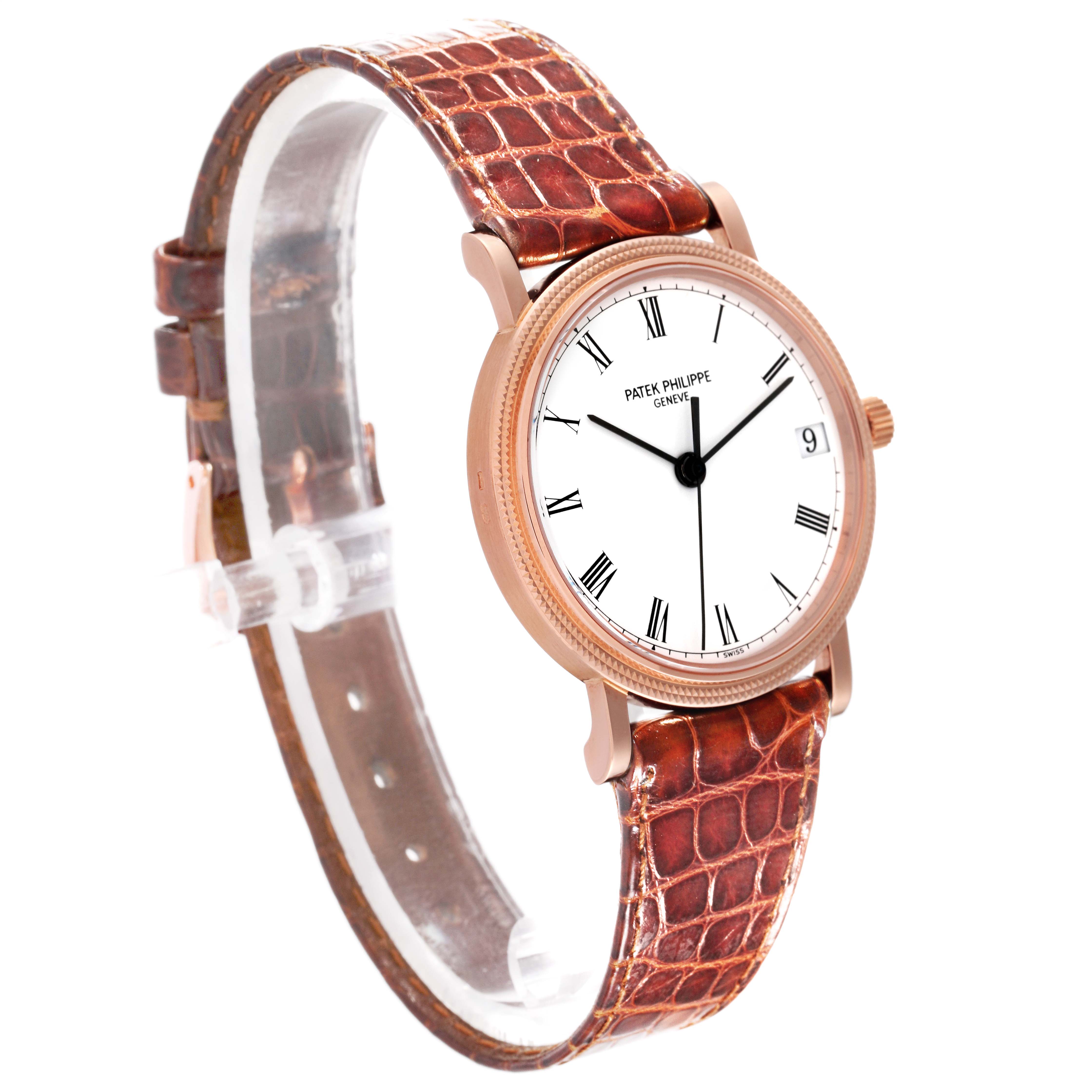 The image shows a Patek Philippe Calatrava 3802/200 Men's Rose Gold White Dial 3802/200 Men's Rose Gold White Dial watch at a slight angle, displaying its face, strap, crown, and buckle.