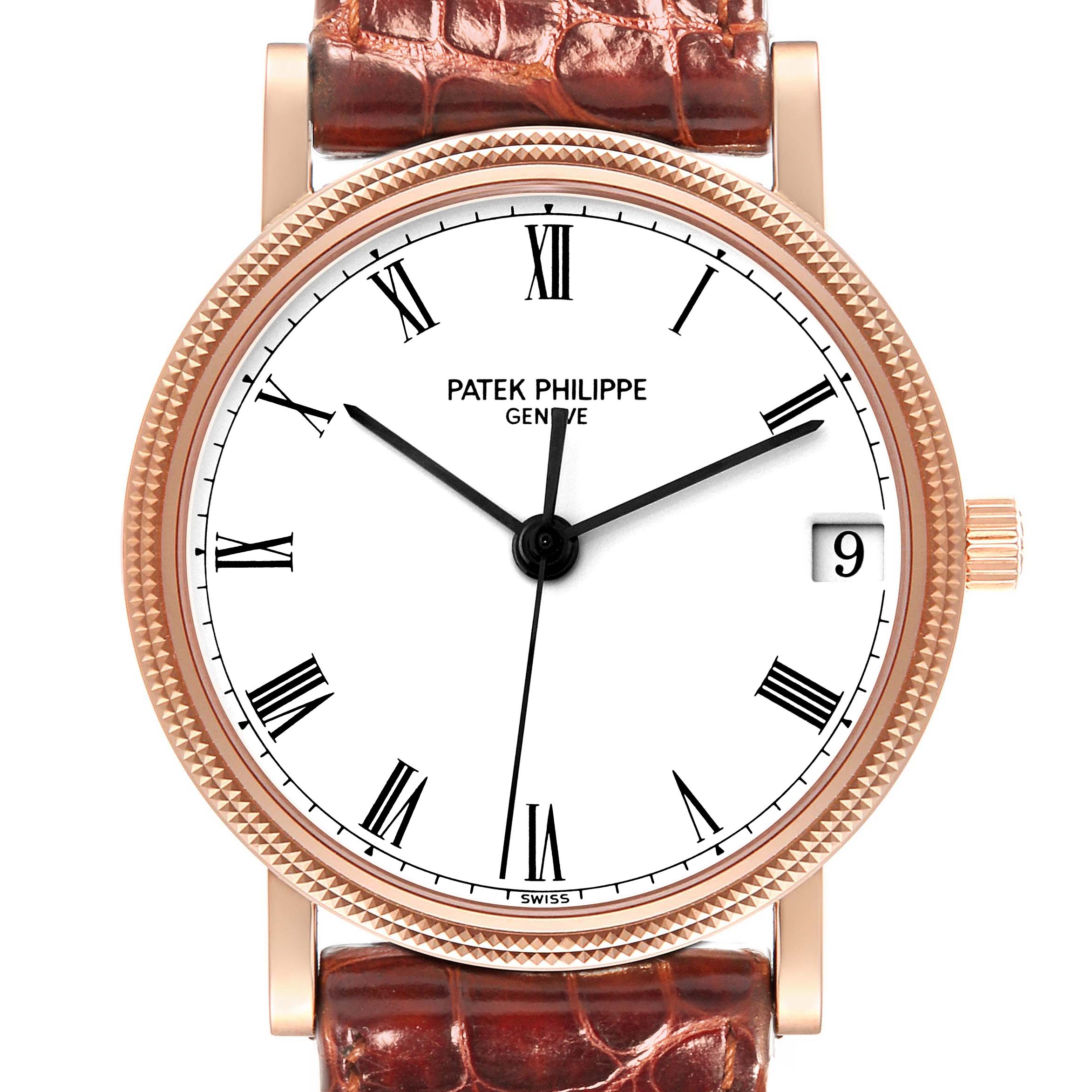 The image shows a front view of the Patek Philippe Calatrava 3802/200 Men's Rose Gold White Dial 3802/200 Men's Rose Gold White Dial watch, highlighting its brown leather strap, white dial, and Roman numerals.