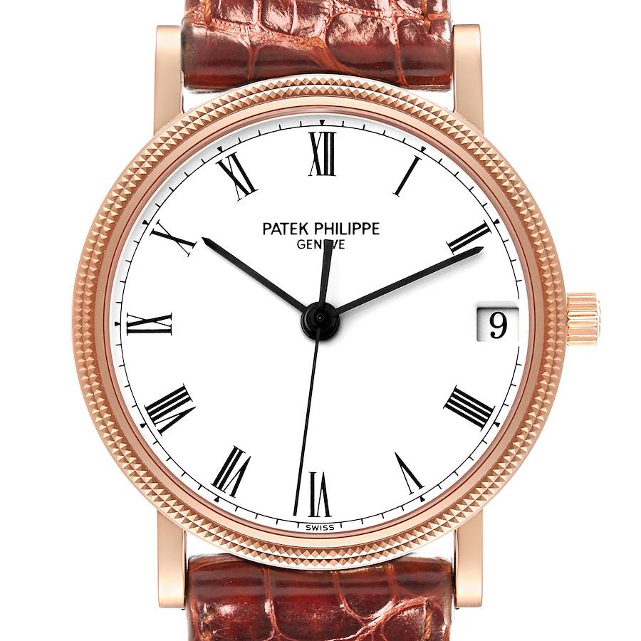 The image shows a front view of the Patek Philippe Calatrava watch, highlighting its brown leather strap, white dial, and Roman numerals.