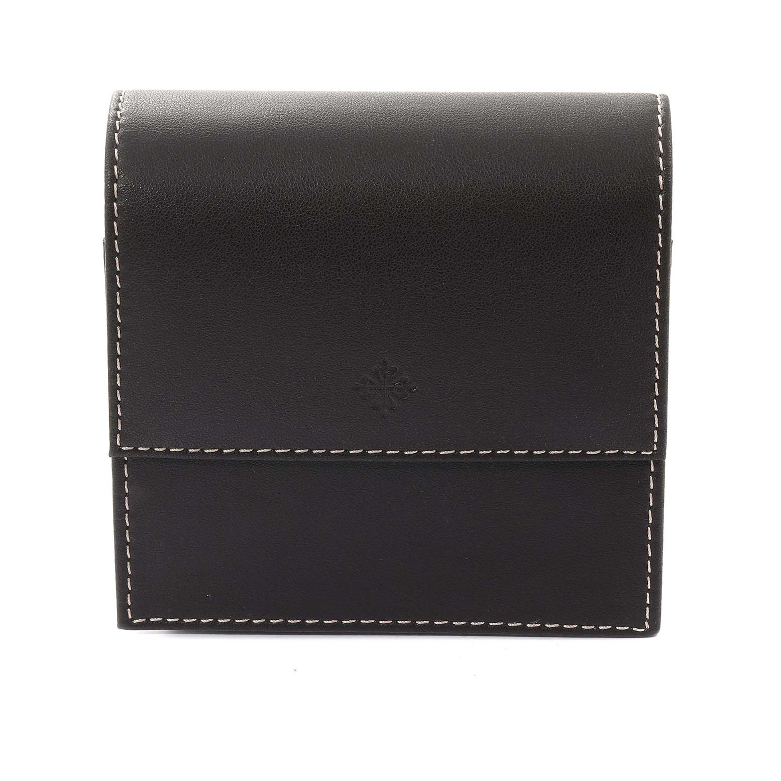 The image shows a black leather case with white stitching for a Patek Philippe Calatrava 3802/200 Men's Rose Gold White Dial 3802/200 Men's Rose Gold White Dial model watch, viewed from the front.