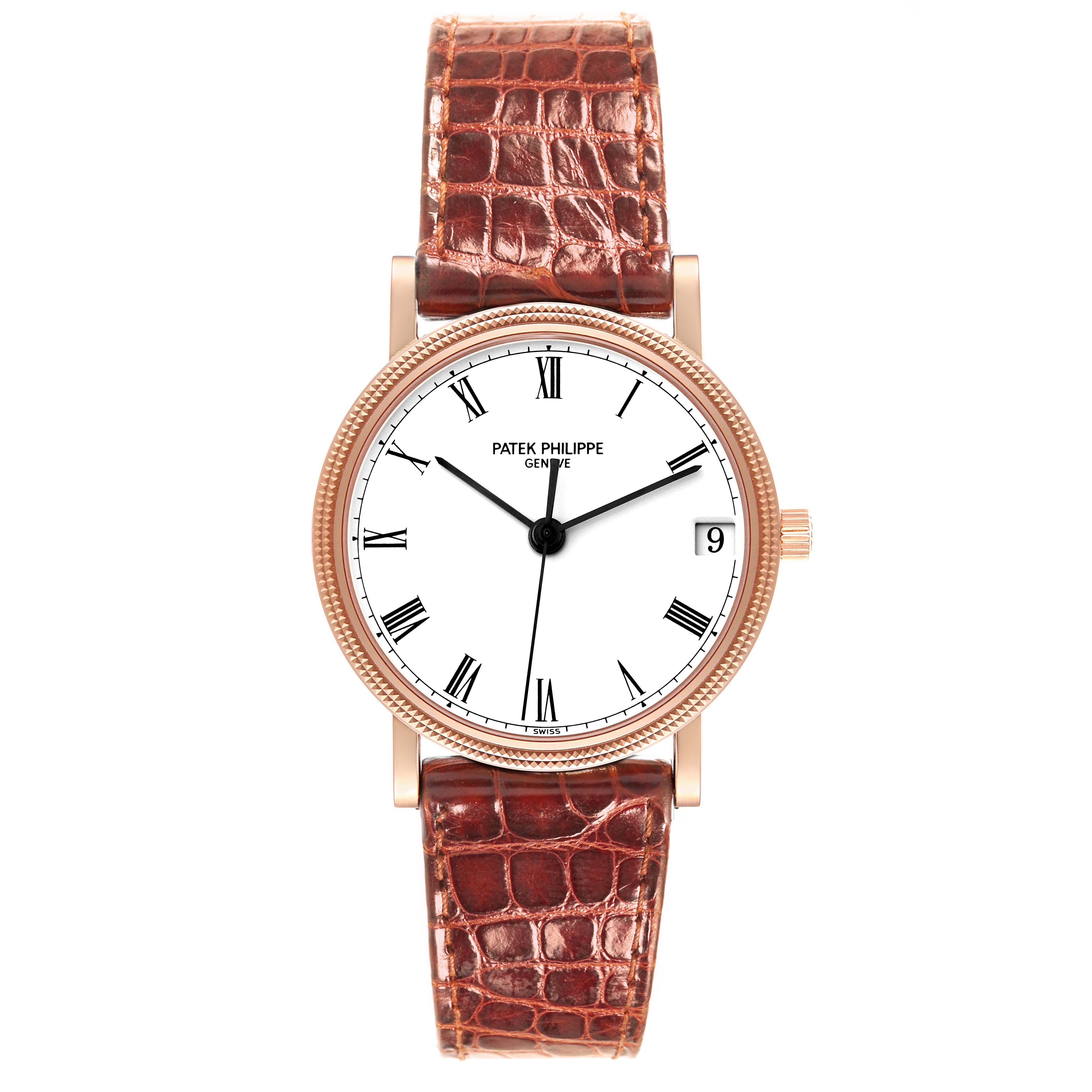 This image shows a Patek Philippe Calatrava 3802/200 Men's Rose Gold White Dial 3802/200 Men's Rose Gold White Dial watch from a front angle, featuring a white dial, Roman numerals, and a brown leather strap.