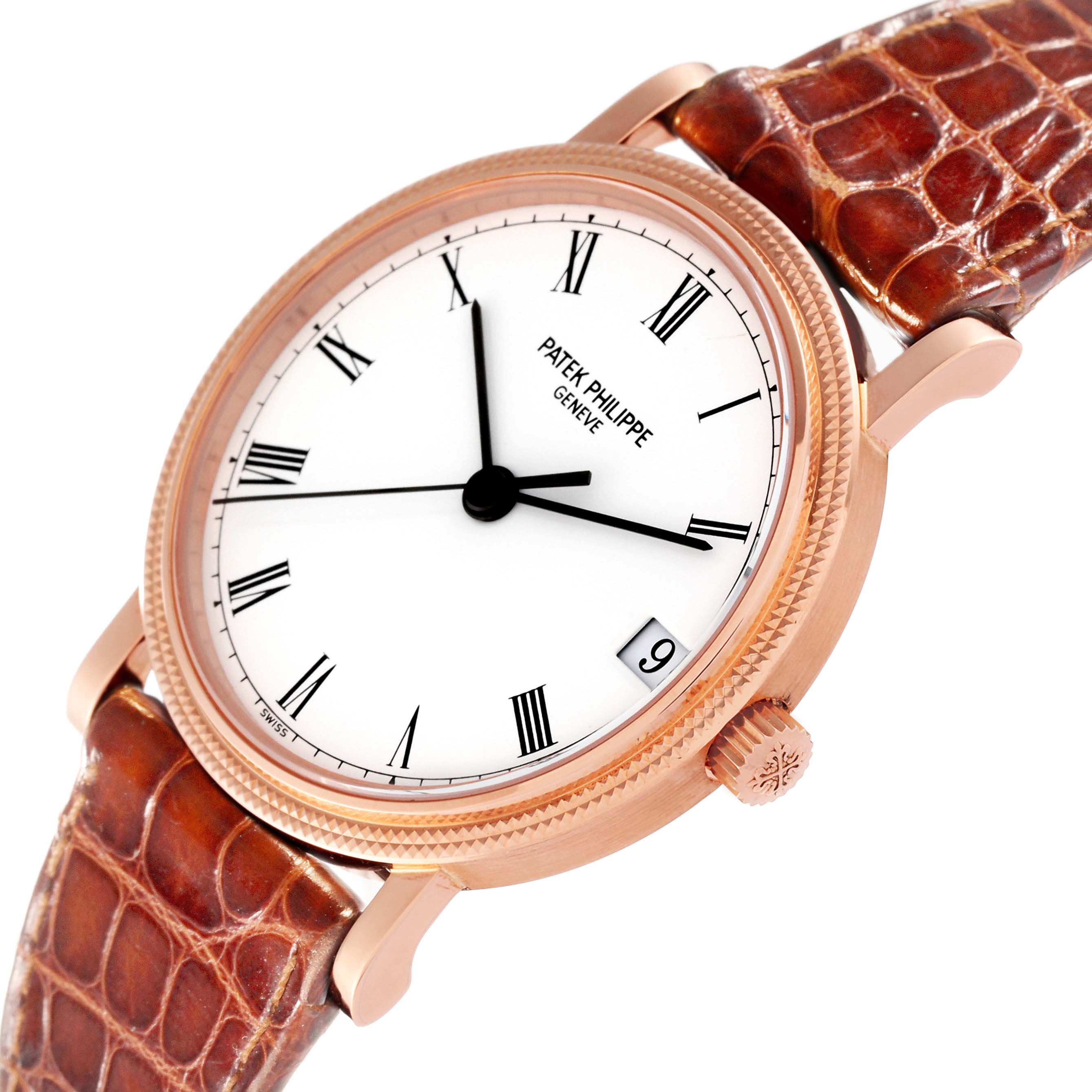 The image shows a close-up angled view of a Patek Philippe Calatrava 3802/200 Men's Rose Gold White Dial 3802/200 Men's Rose Gold White Dial watch, highlighting the dial, crown, and leather strap.