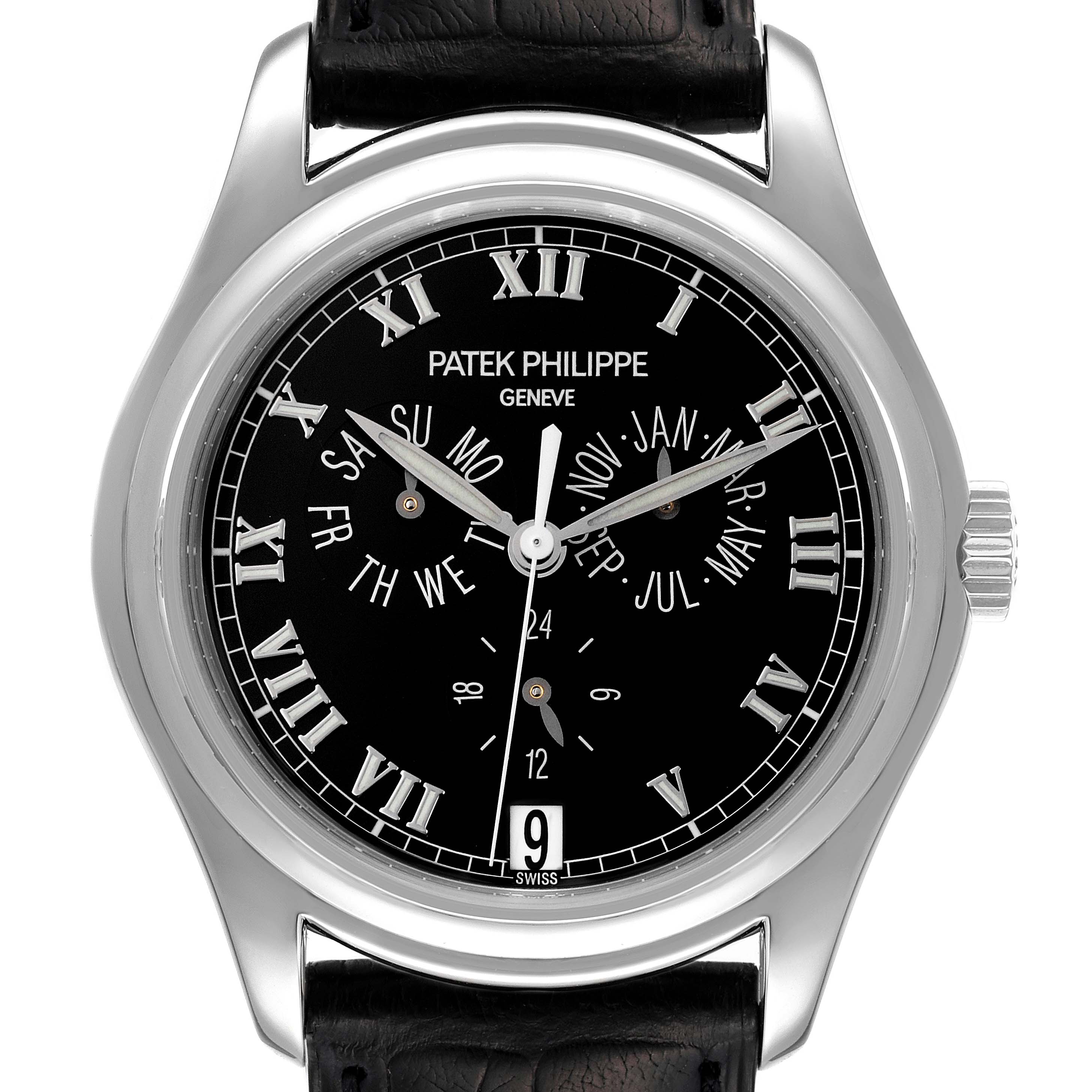 The image shows a front-facing angle of the Patek Philippe Complications 5035P Men's Platinum Black Dial 5035P Men's Platinum Black Dial watch, highlighting the black dial, Roman numerals, and complications.