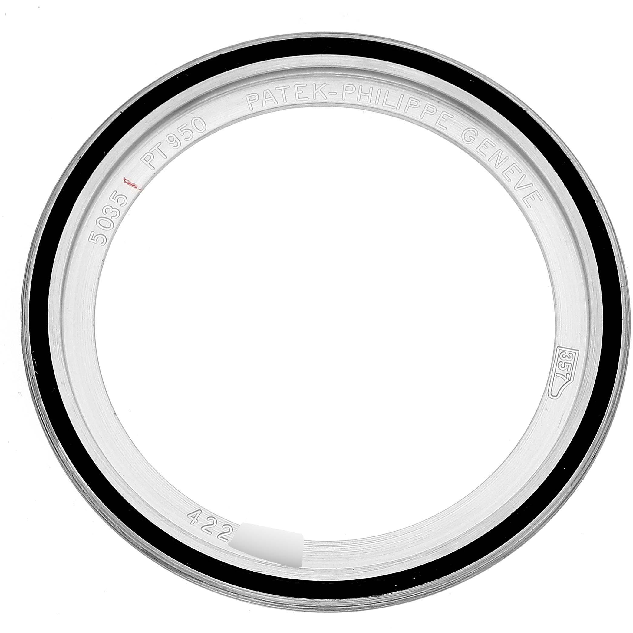 This image shows the bezel of a Patek Philippe Complications 5035P Men's Platinum Black Dial 5035P Men's Platinum Black Dial model, displaying engravings and markings.